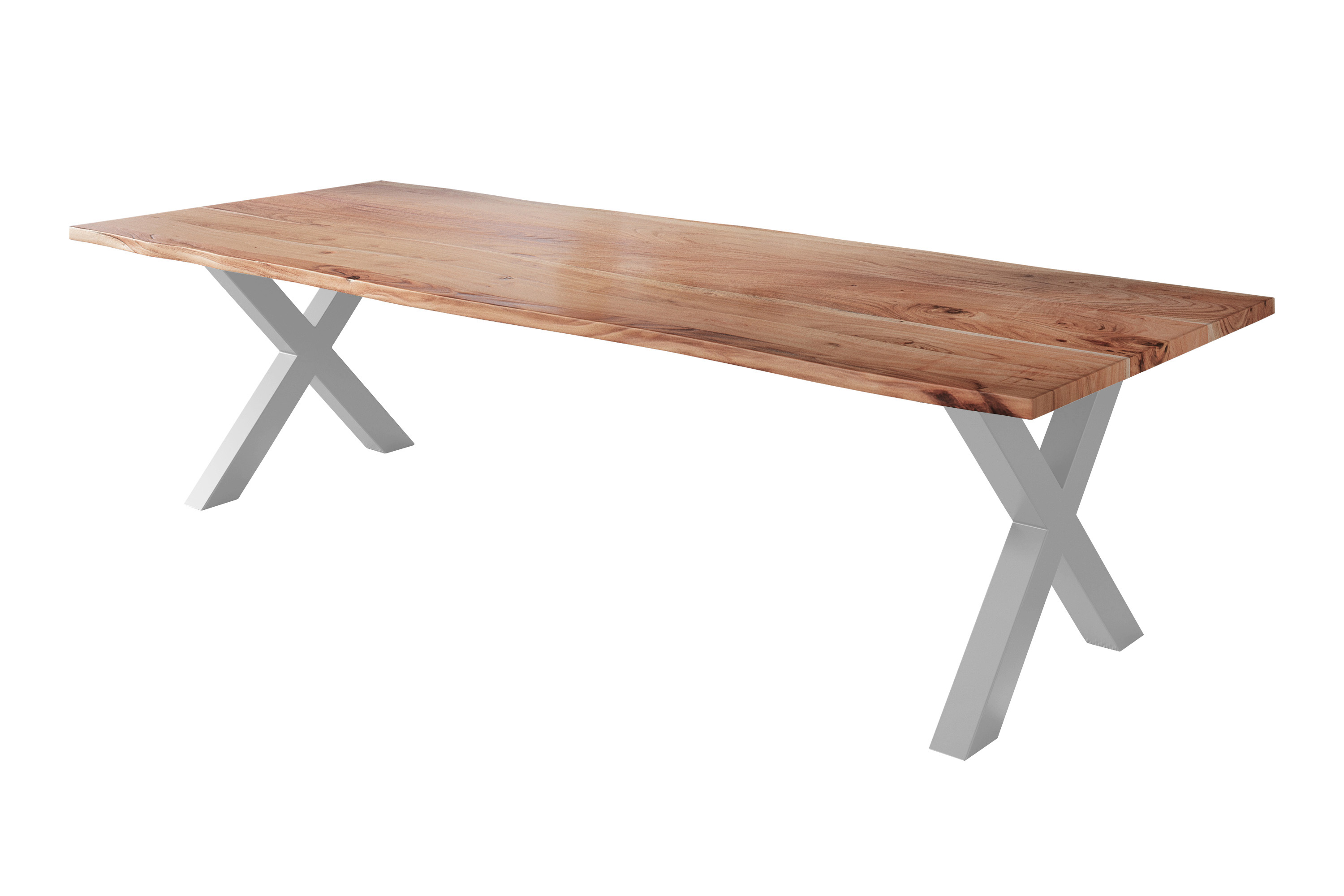 Esstisch Baumkante massiv Akazie natur 280 x 100 silber X-Gestell NICK