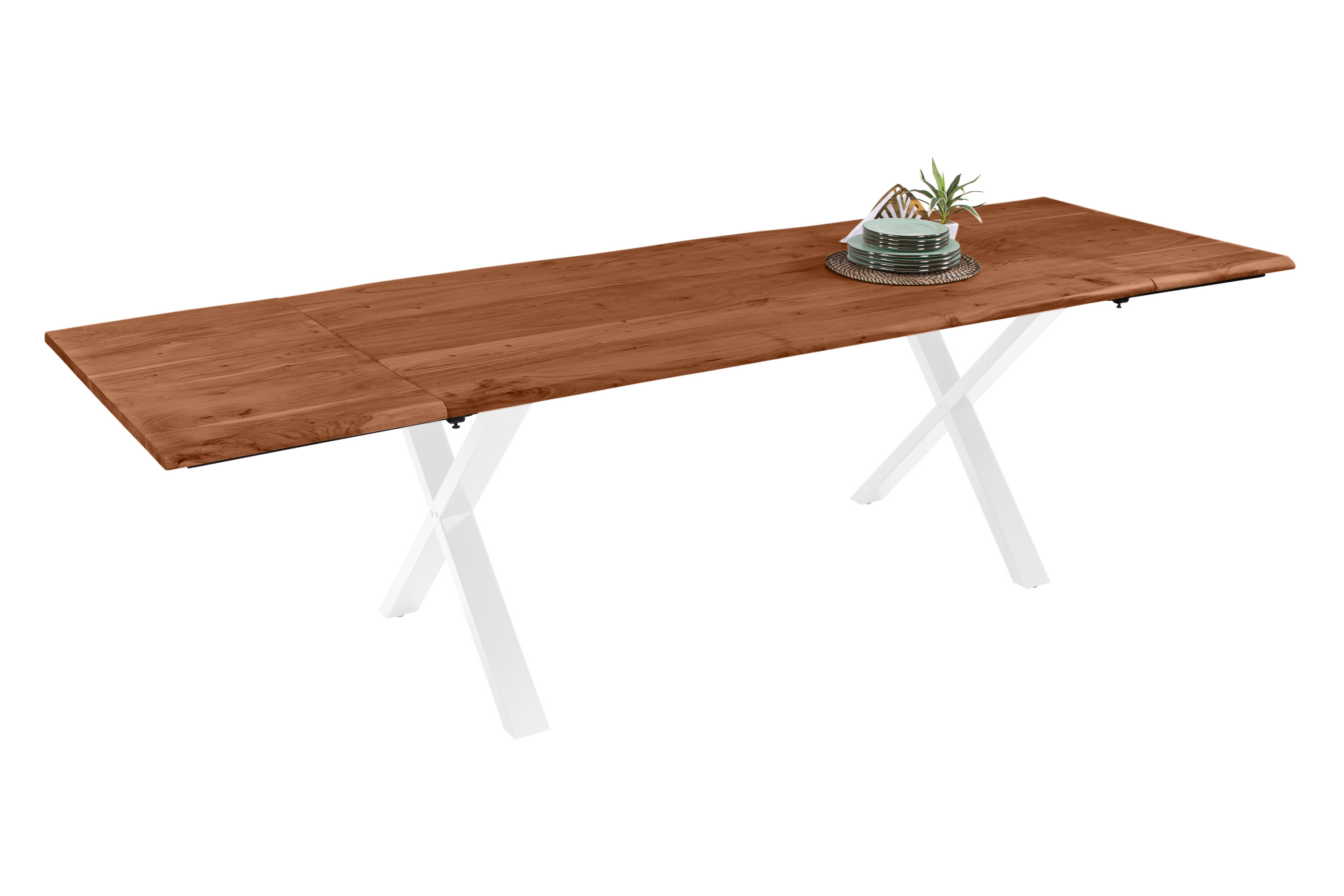 Esstisch Baumkante Akazie nuss 160(260)x90 Ansteckplatten X-Gestell weiß AVINO