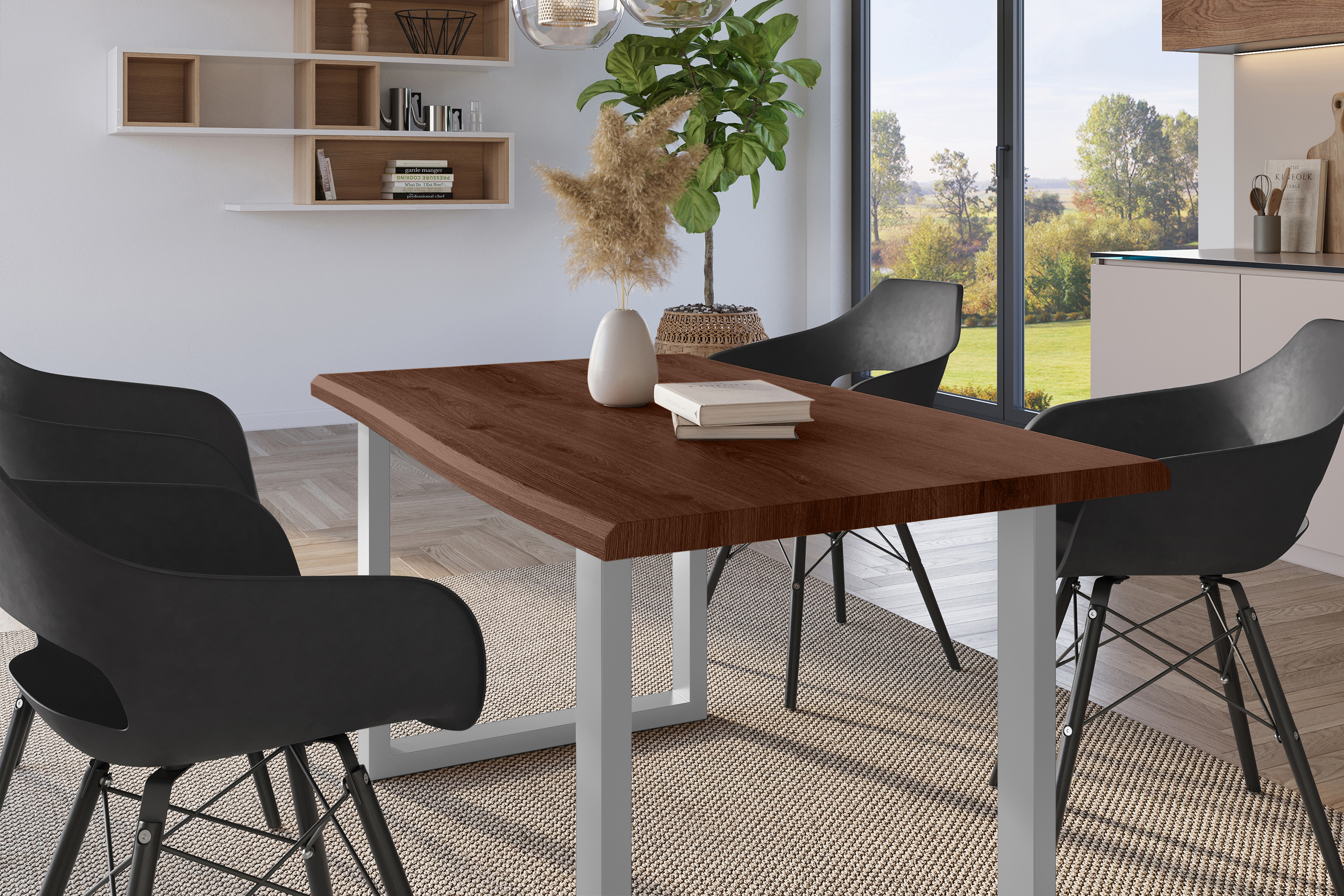 Esstisch Baumkante Holz-Optik Nussbaum 160 x 85 U-Gestell silber JULIUS