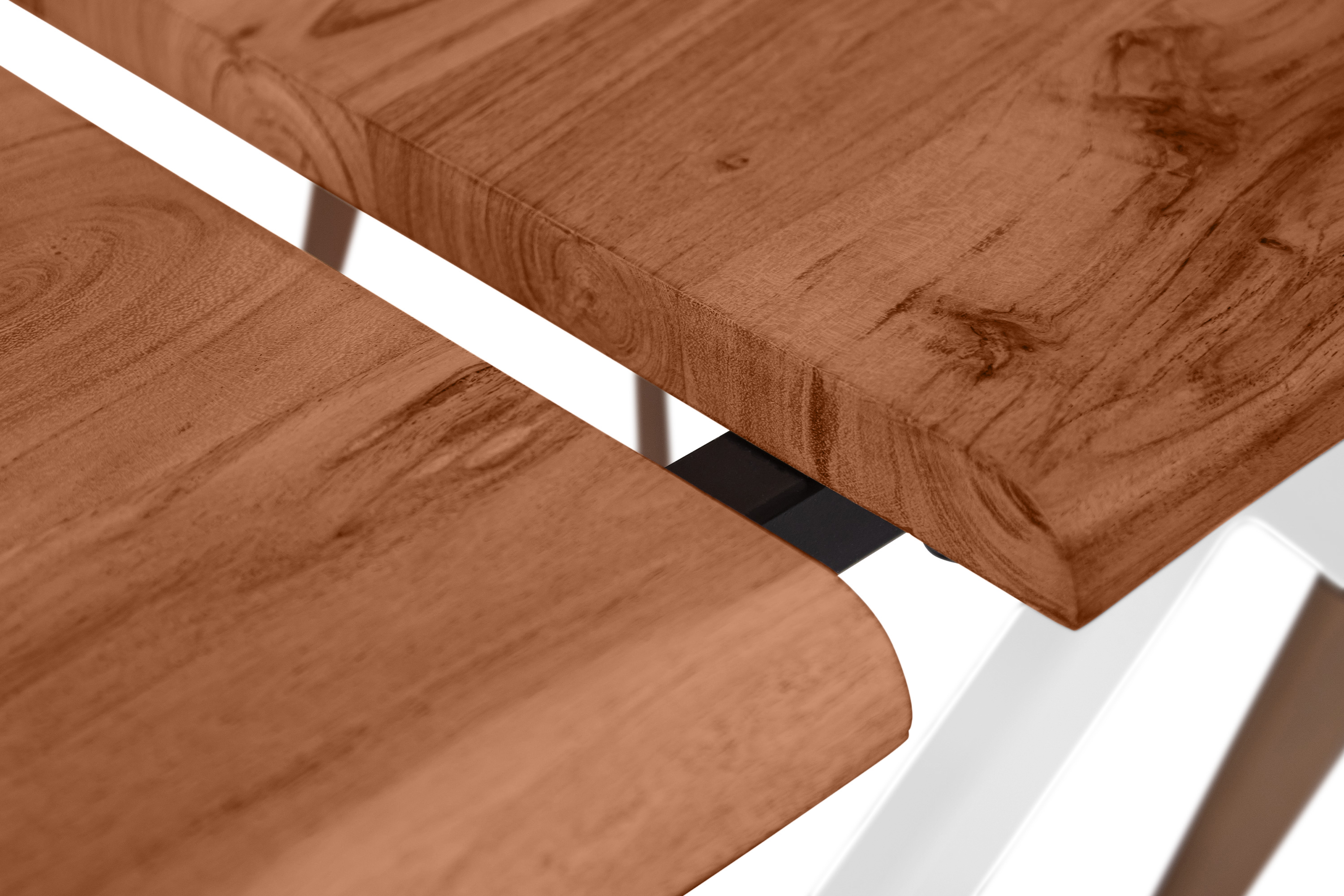 Esstisch Baumkante Akazie nuss 200(300)x100 Ansteckplatten Spider-Gestell weiß AVINO