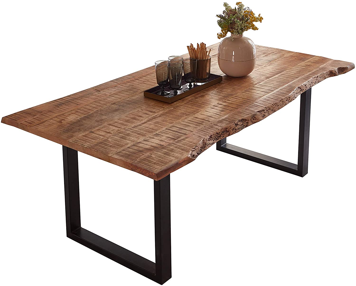 Essgruppe 180 cm Mango naturfarben U-Gestell schwarz mit 6 Stühlen NORINA