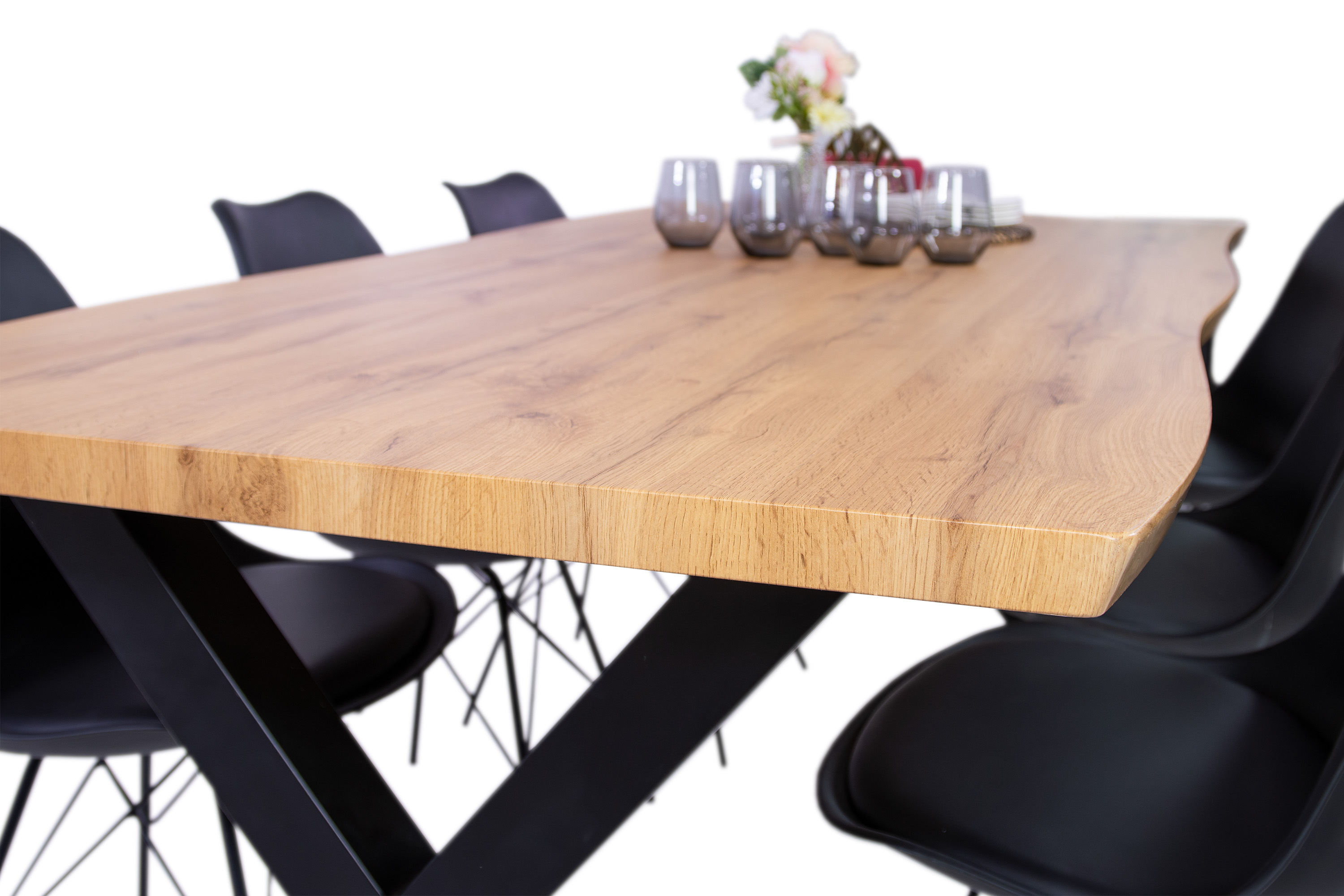Esstisch Baumkante Holz-Optik Wildeiche 200 x 100 X-Gestell schwarz JOSY