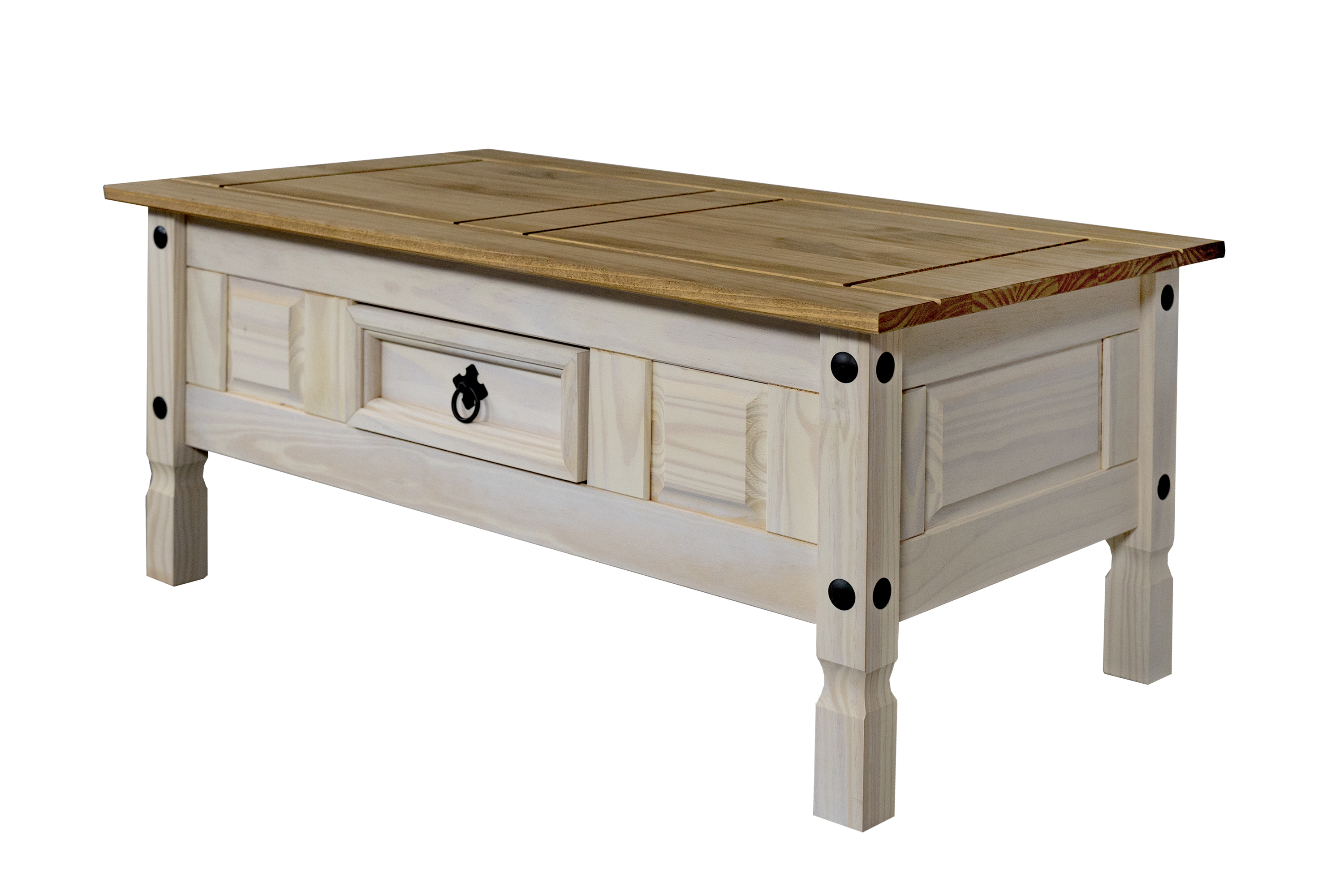 Couchtisch 100 x 60 cm mit Schublade Pinienholz weiß honigfarben lasiert MEXICO