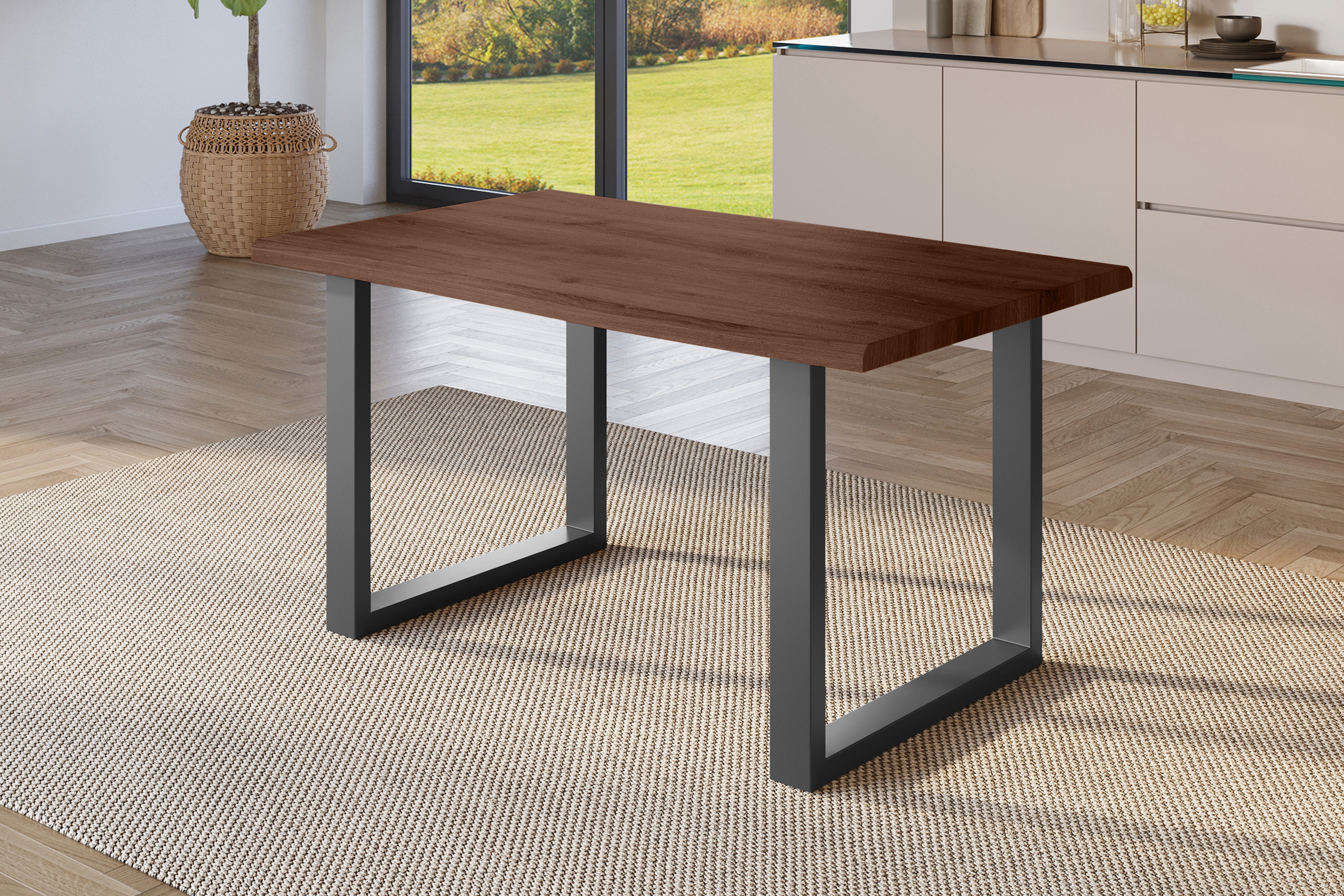 Esstisch Baumkante Holz-Optik Nussbaum 160 x 85 U-Gestell schwarz JULIUS