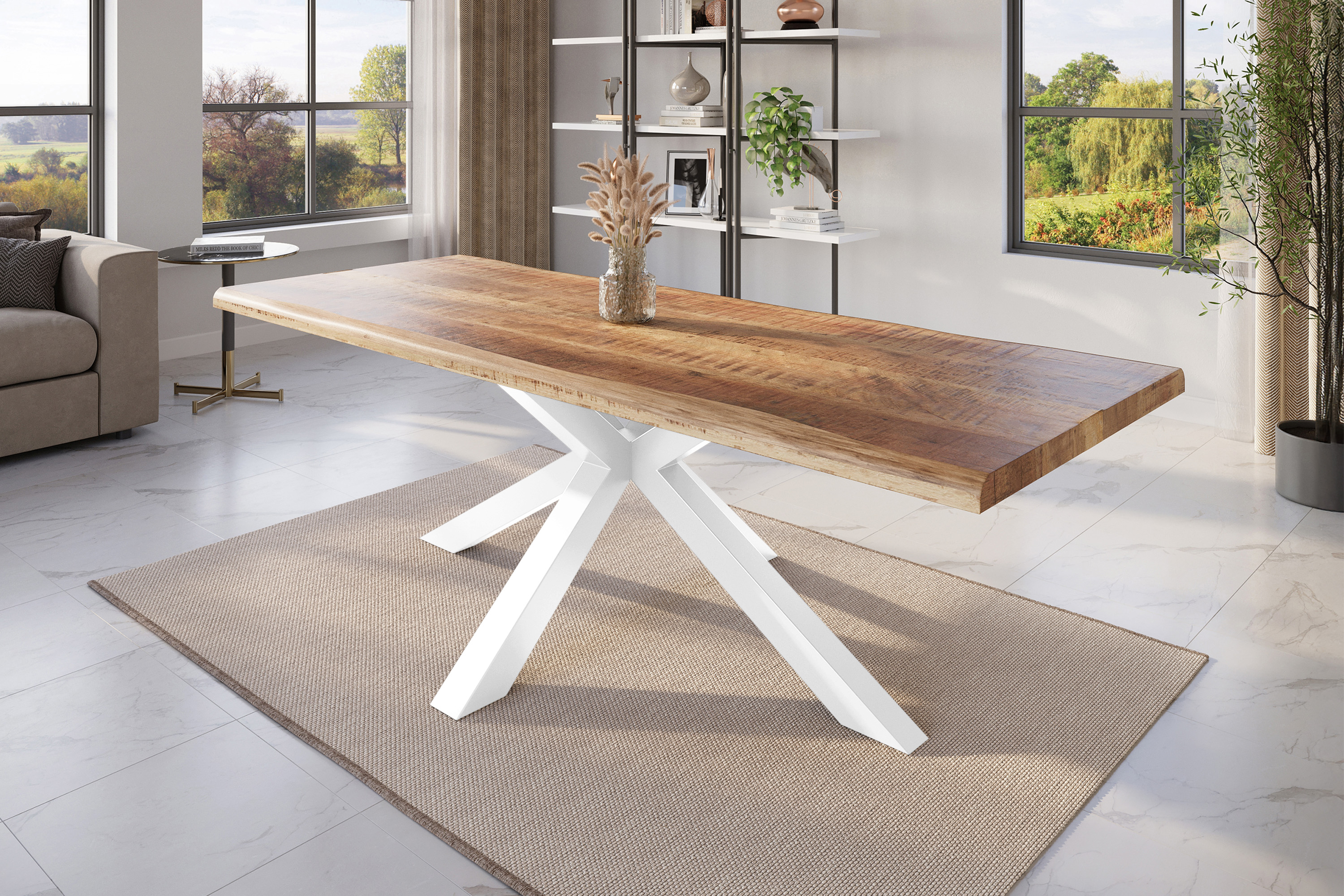 Esstisch Baumkante massiv Mango rough 280 x 100 Spider-Gestell weiß ATLAS