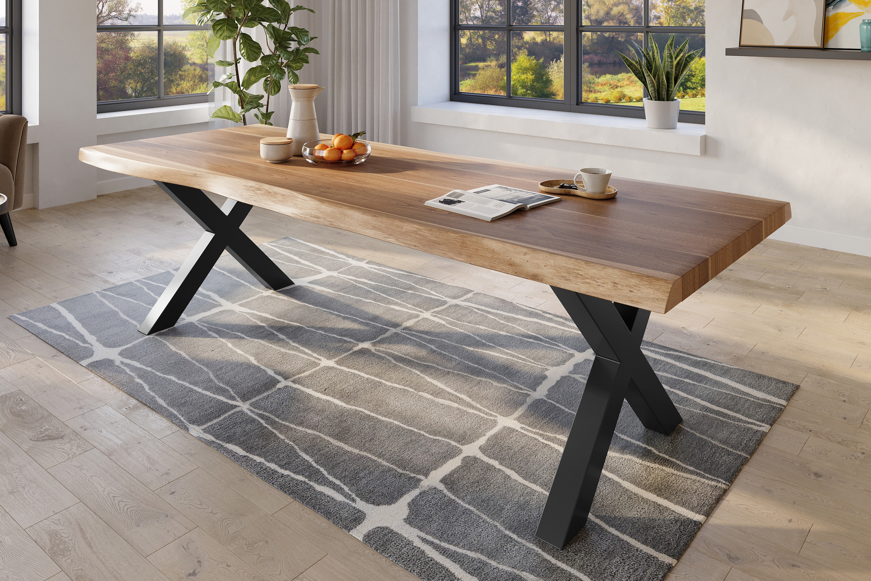 Esstisch Baumkante massiv Akazie natur 260 x 120 X-Gestell Metall schwarz TITAN