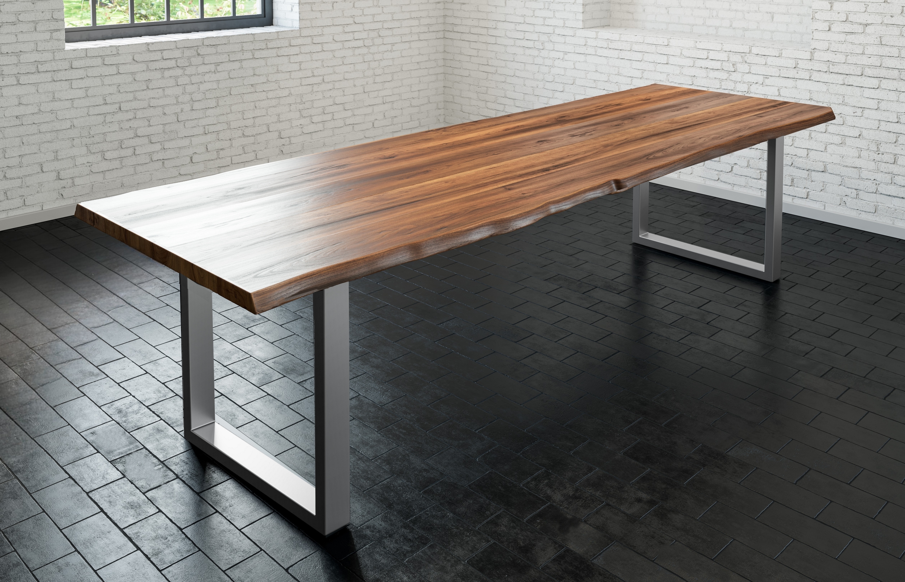  Esstisch Baumkante massiv Akazie nussbaum 240 x 100 silber LIAM