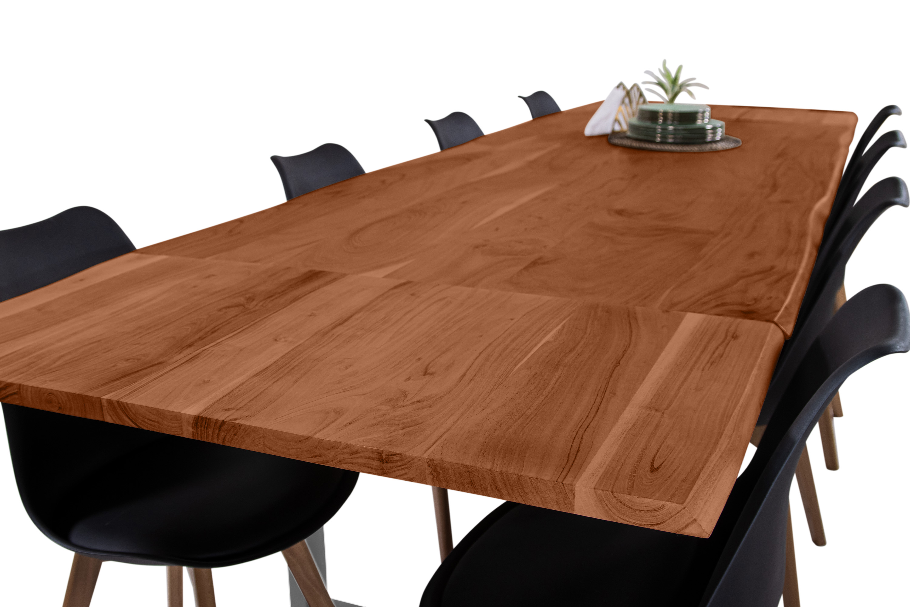 Esstisch Baumkante Akazie nuss 220(320)x100 Ansteckplatten U-Gestell silber AVINO