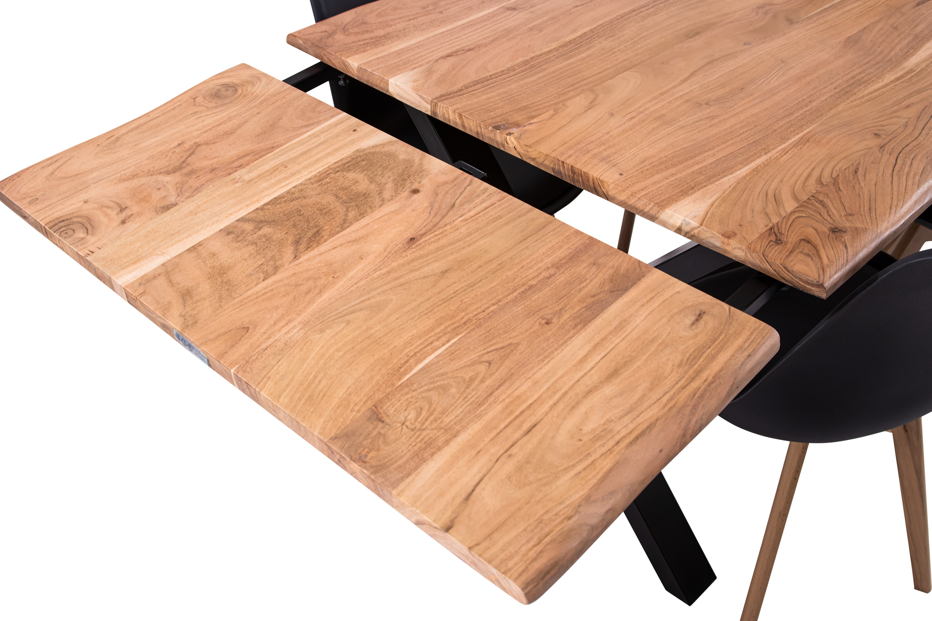 Esstisch Baumkante Akazie natur 140(220)x90 Ansteckplatten X-Gestell schwarz AVINO