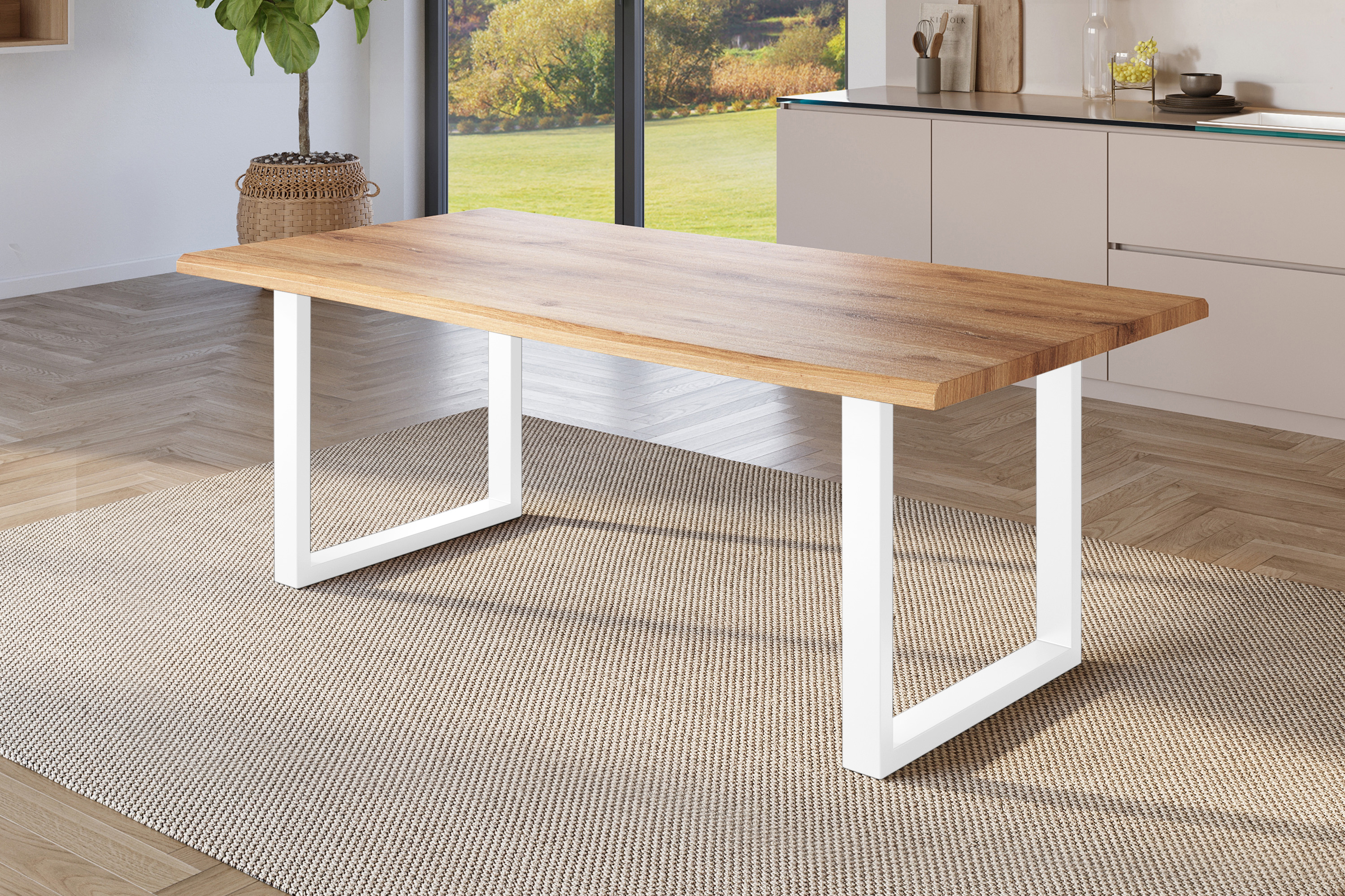 Esstisch Baumkante Holz-Optik Wildeiche 220 x 100 U-Gestell weiß JULIUS