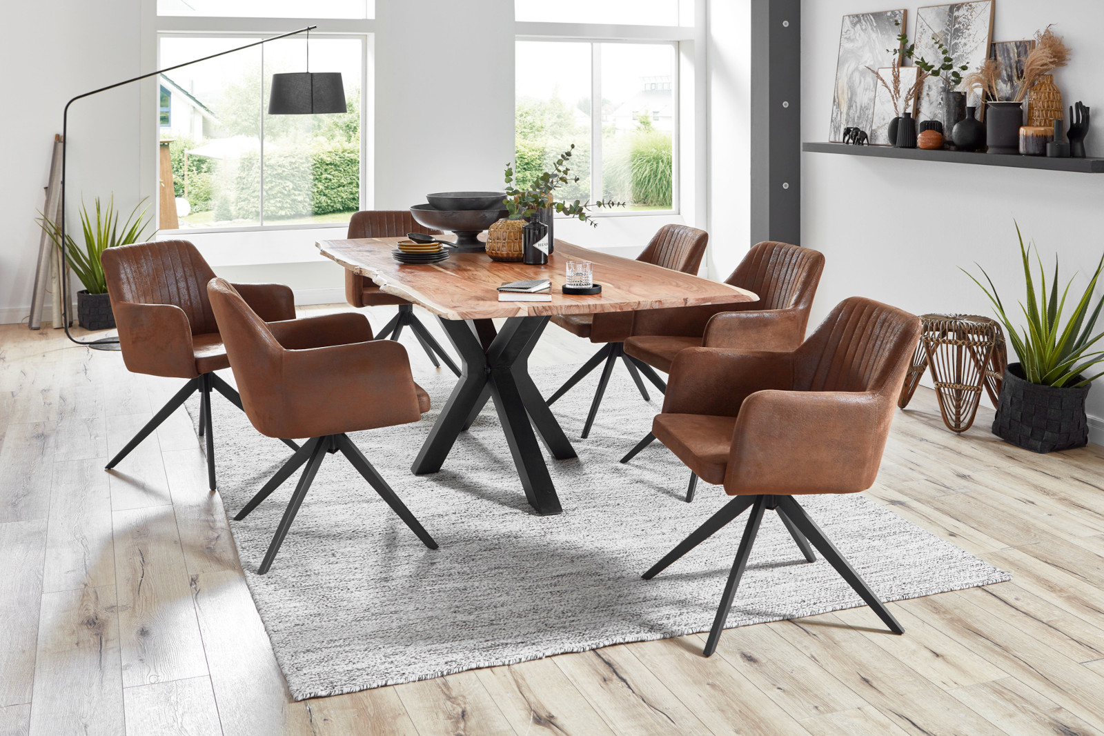  Esstisch Baumkante massiv Akazie natur 240 cm Spider-Gestell schwarz QUINCY