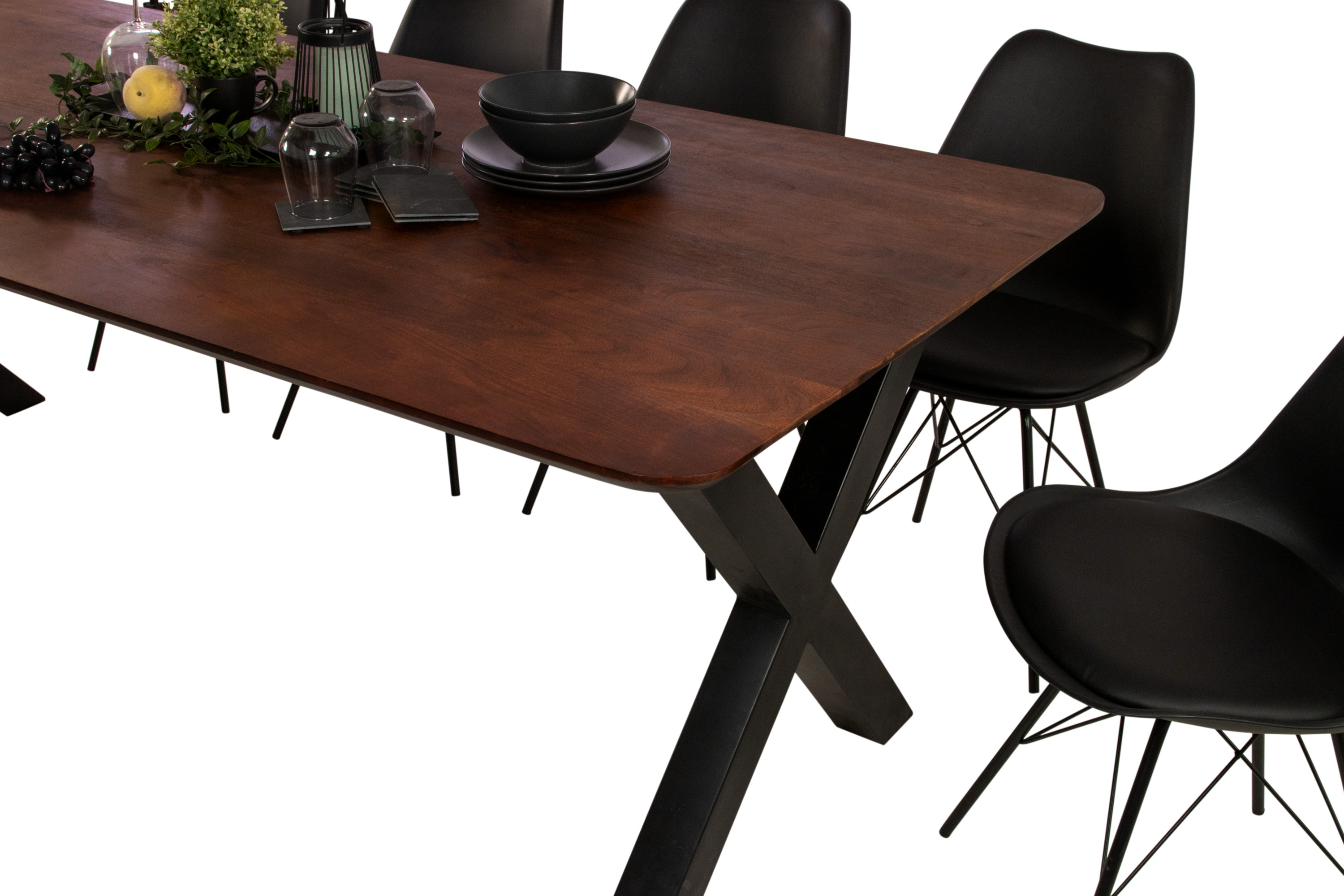 Esstisch 240 x 100 cm Akazie massiv kastanienfarben Schweizer Kante X-Gestell schwarz ROBERTO