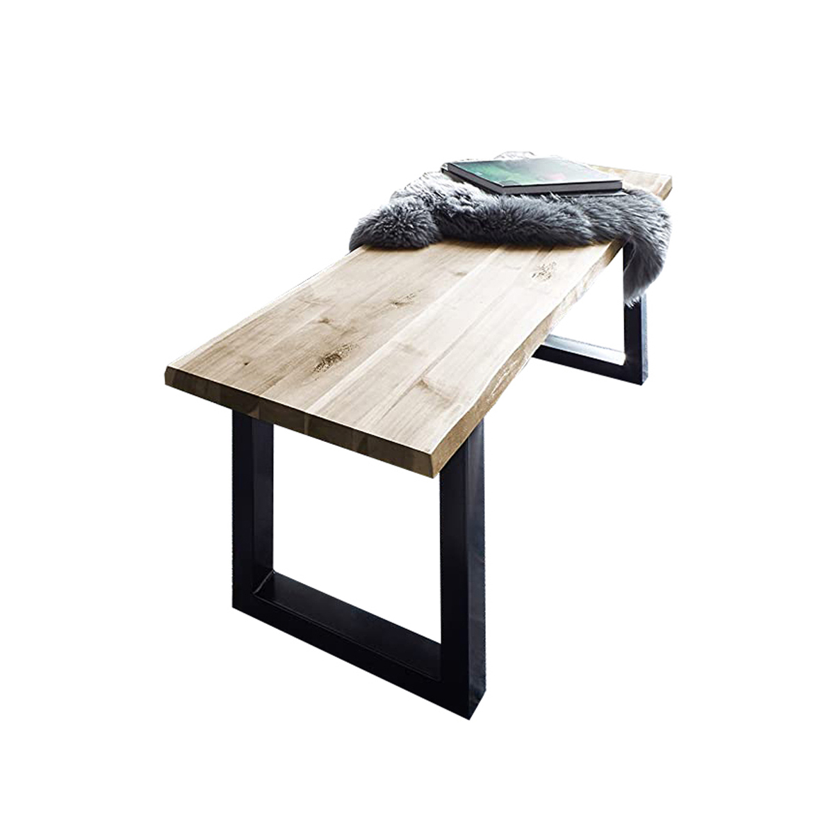 Essgruppe 120 cm Akazie naturfarben U-Gestell schwarz mit 2 Bänken QUINN