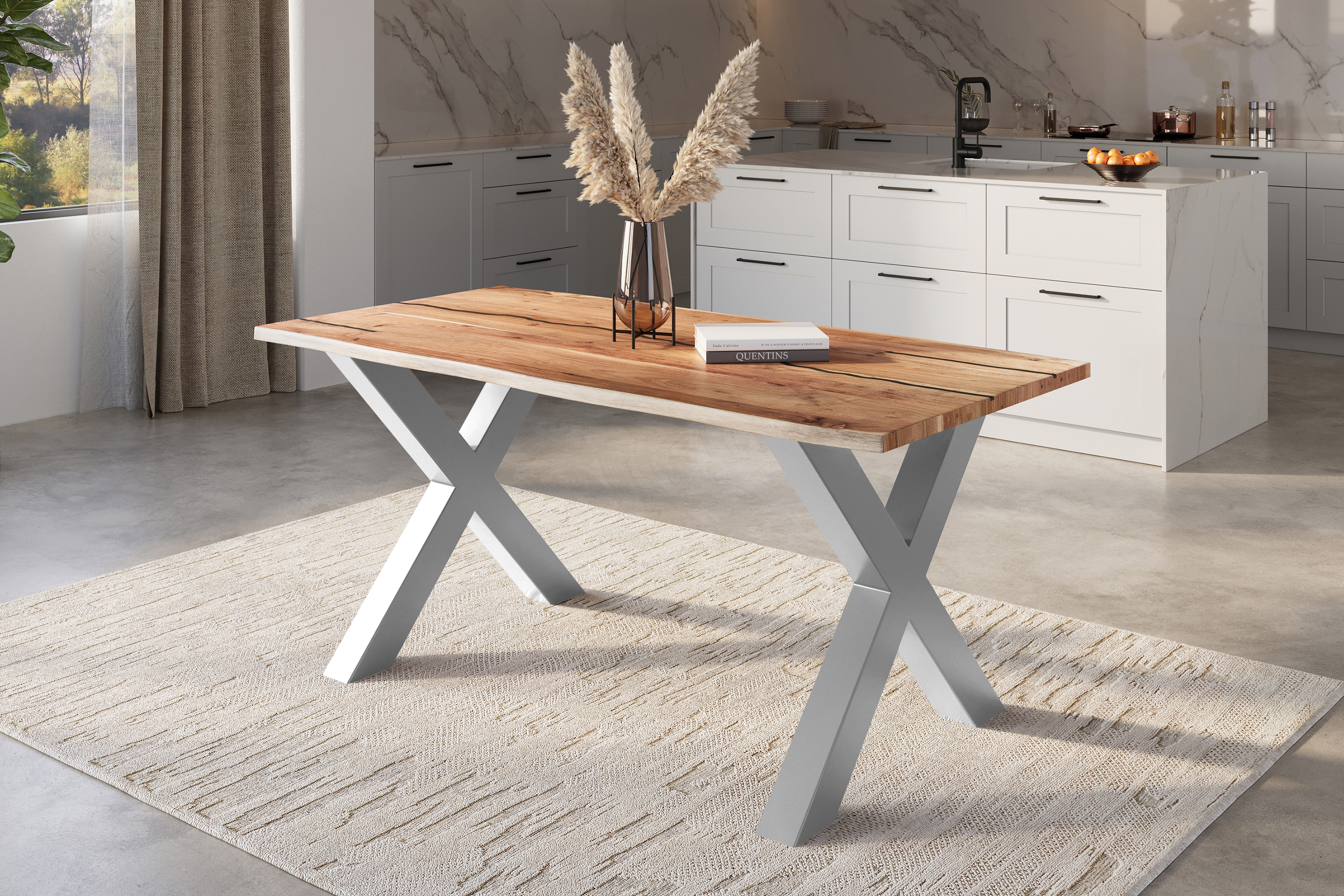 Baumkantentisch Akazie mit schwarzen Resin-Adern naturfarben 120 x 80 cm X-Gestell silber POLLY
