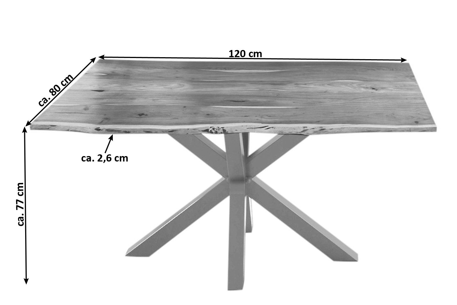  Esstisch Baumkante massiv Akazie natur 120 cm Spider-Gestell silber QUINCY