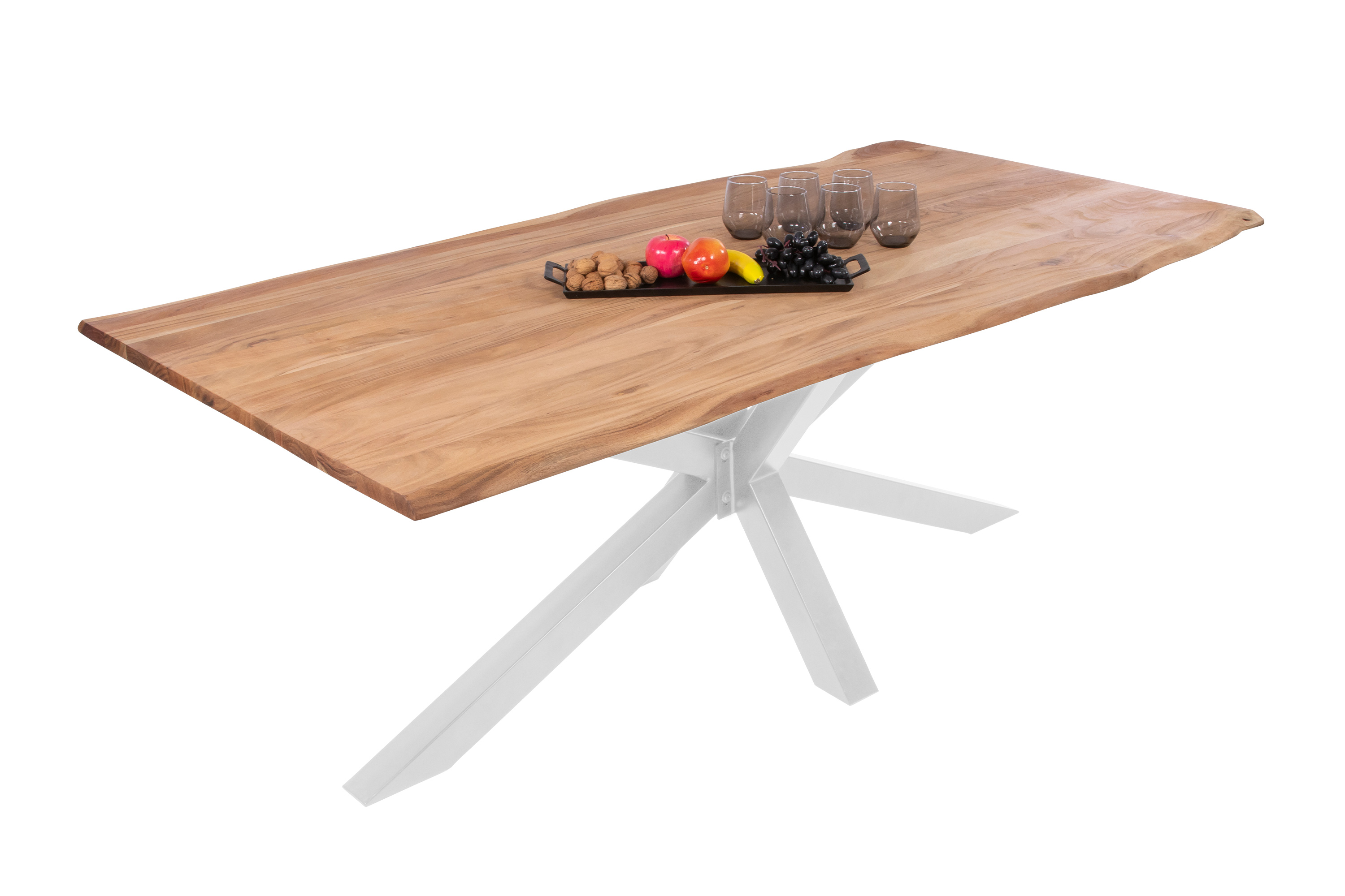 Esstisch Baumkante massiv Akazie eichefarben 160 x 85 cm Spider-Gestell weiß DEREK