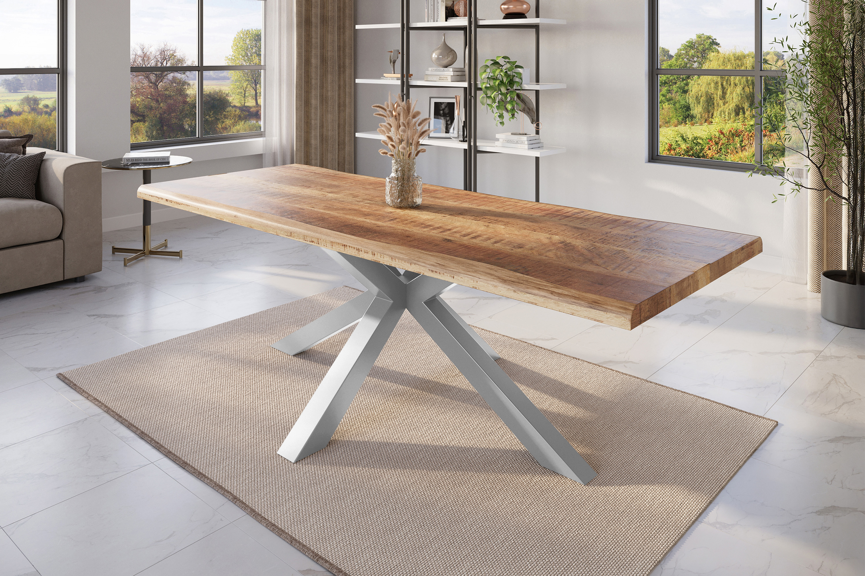 Esstisch Baumkante massiv Mango rough 280 x 100 Spider-Gestell silber ATLAS
