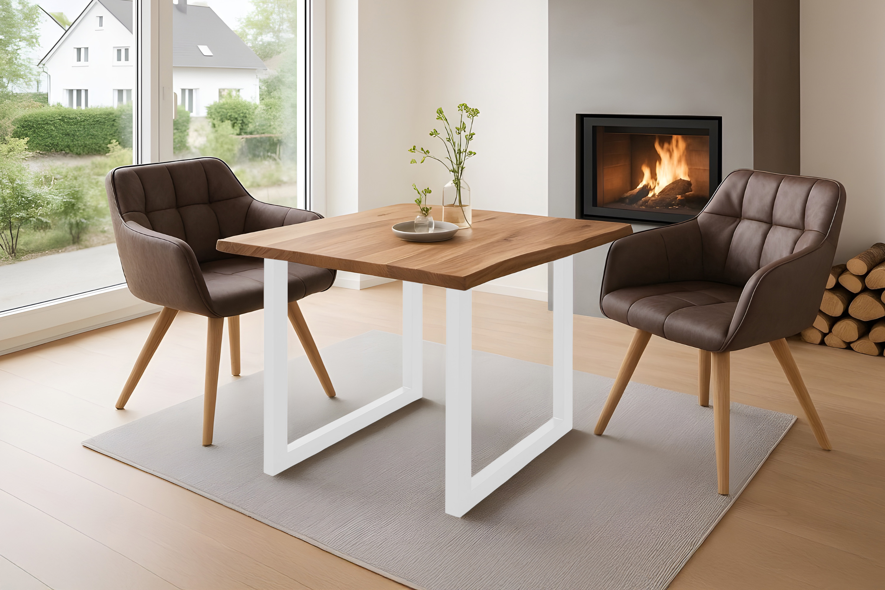 Esstisch Baumkante massiv Akazie natur 80 x 80 weiß NIAH