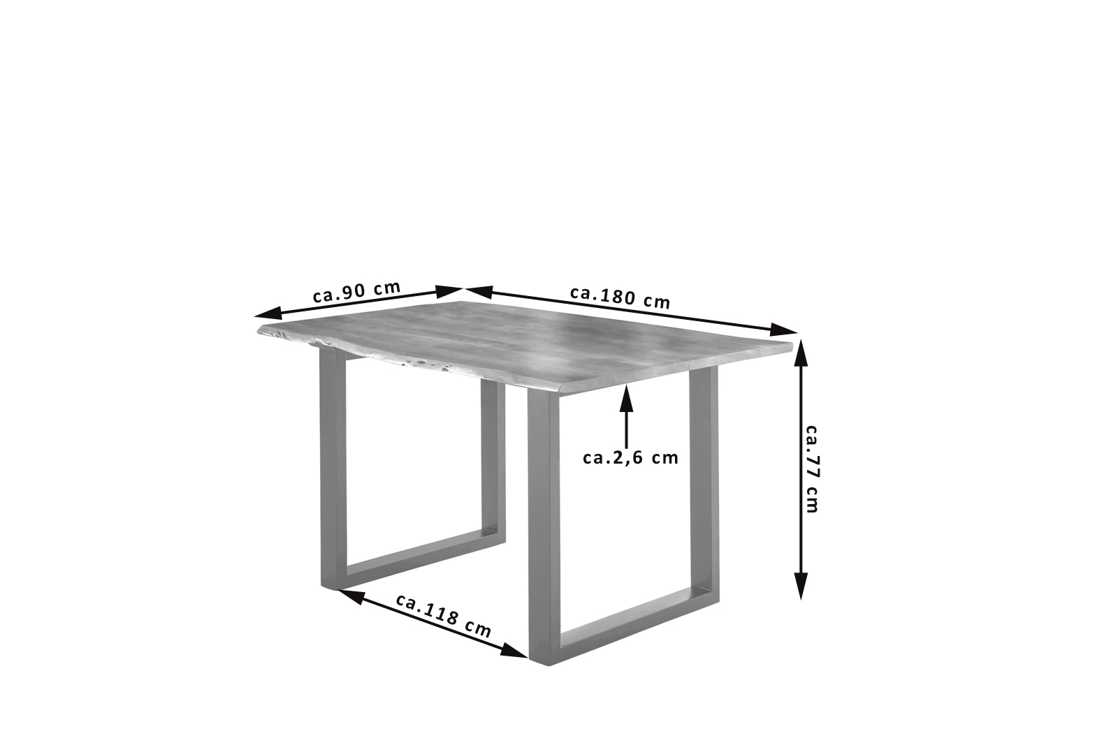 Esstisch Baumkante massiv Akazie natur 180 x 90 silber U-Gestell LUBIN