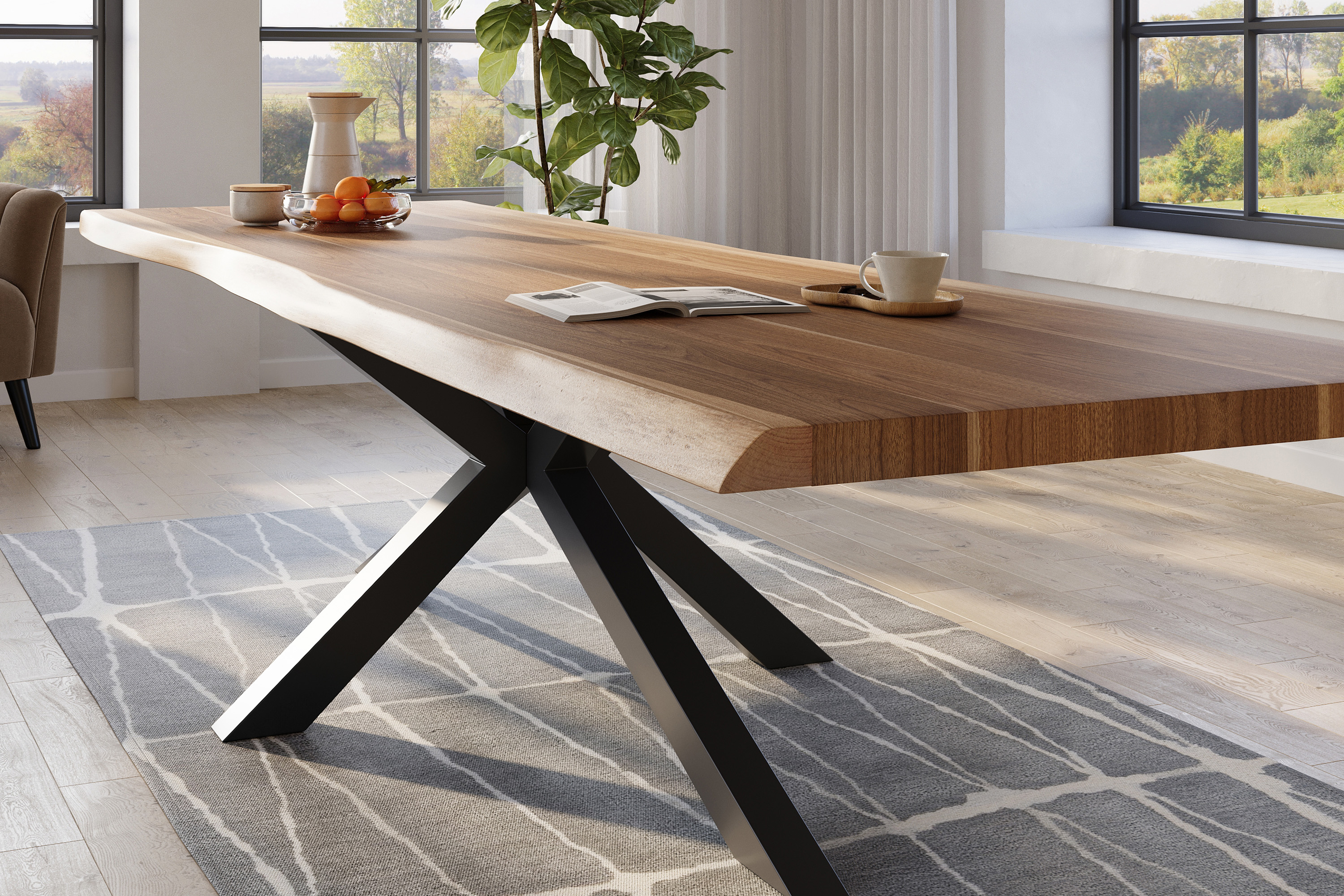 Esstisch Baumkante massiv Akazie natur 300 x 110 Spider-Gestell Metall schwarz TITAN