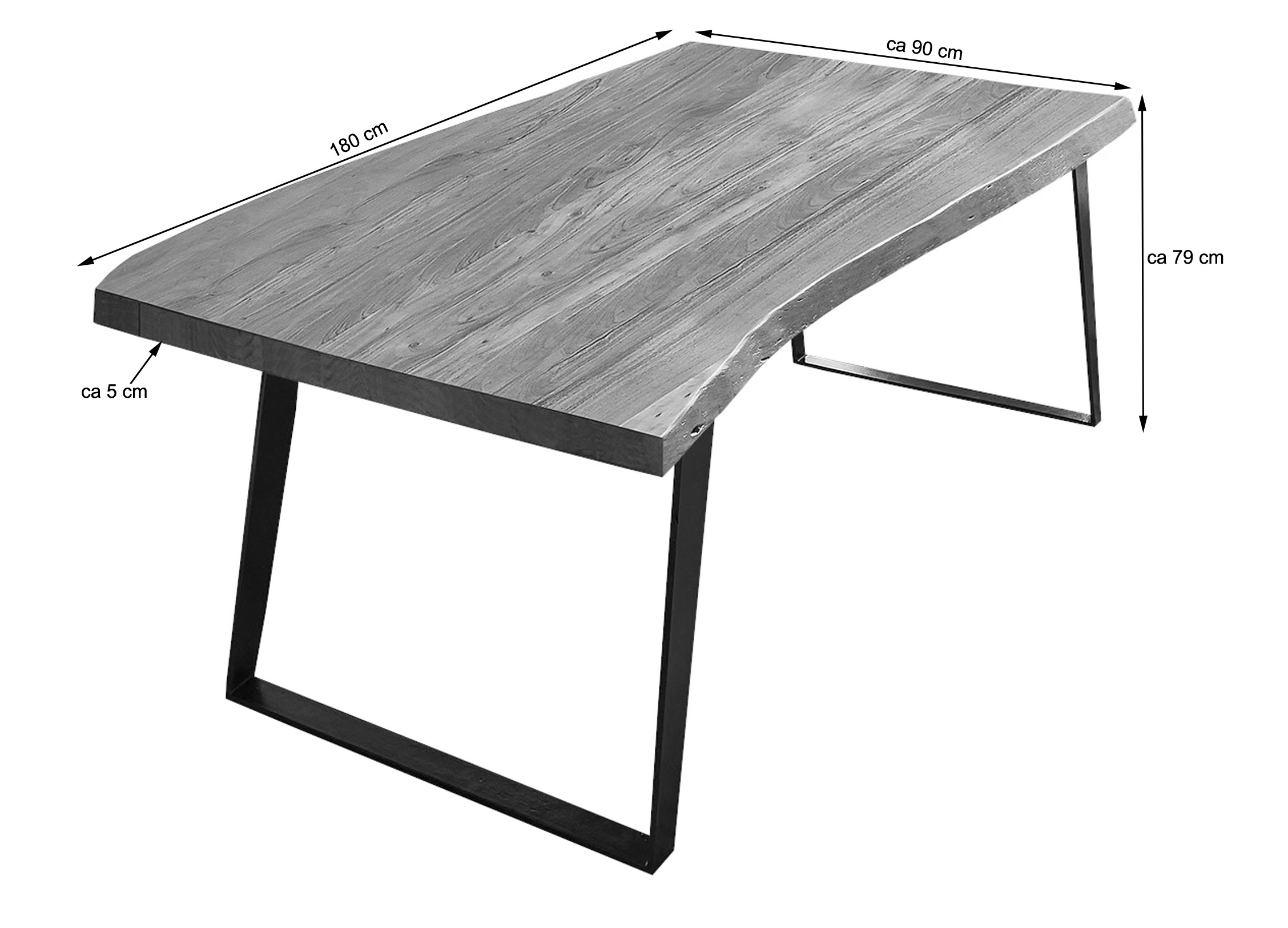 Esstisch Baumkante Akazie nussbaum 180 x 90 schräges U-Gestell silber HALMSTAD