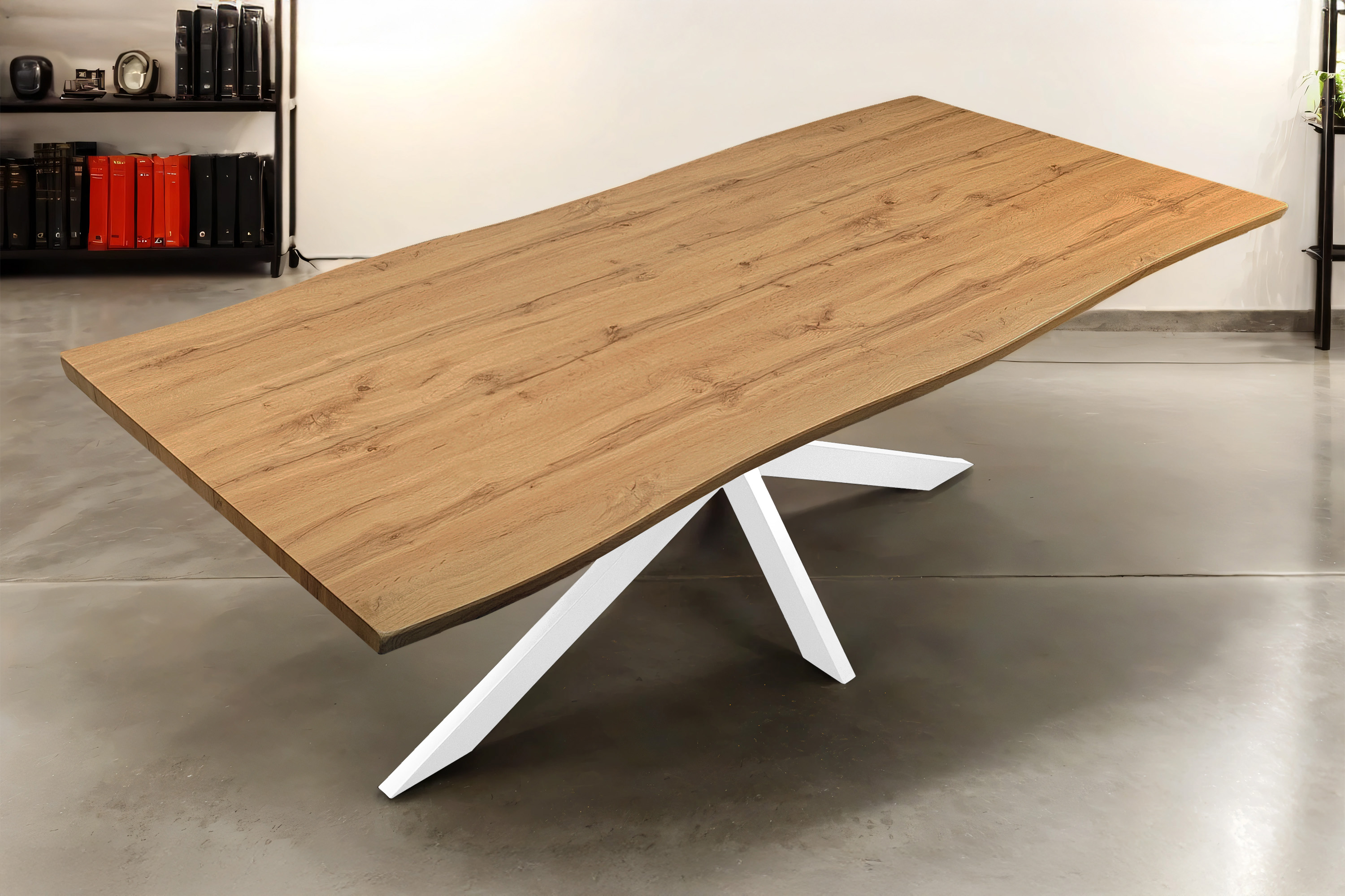 Esstisch Baumkante Holz-Optik Wildeiche 240 x 100 Spider-Gestell weiß JOSY