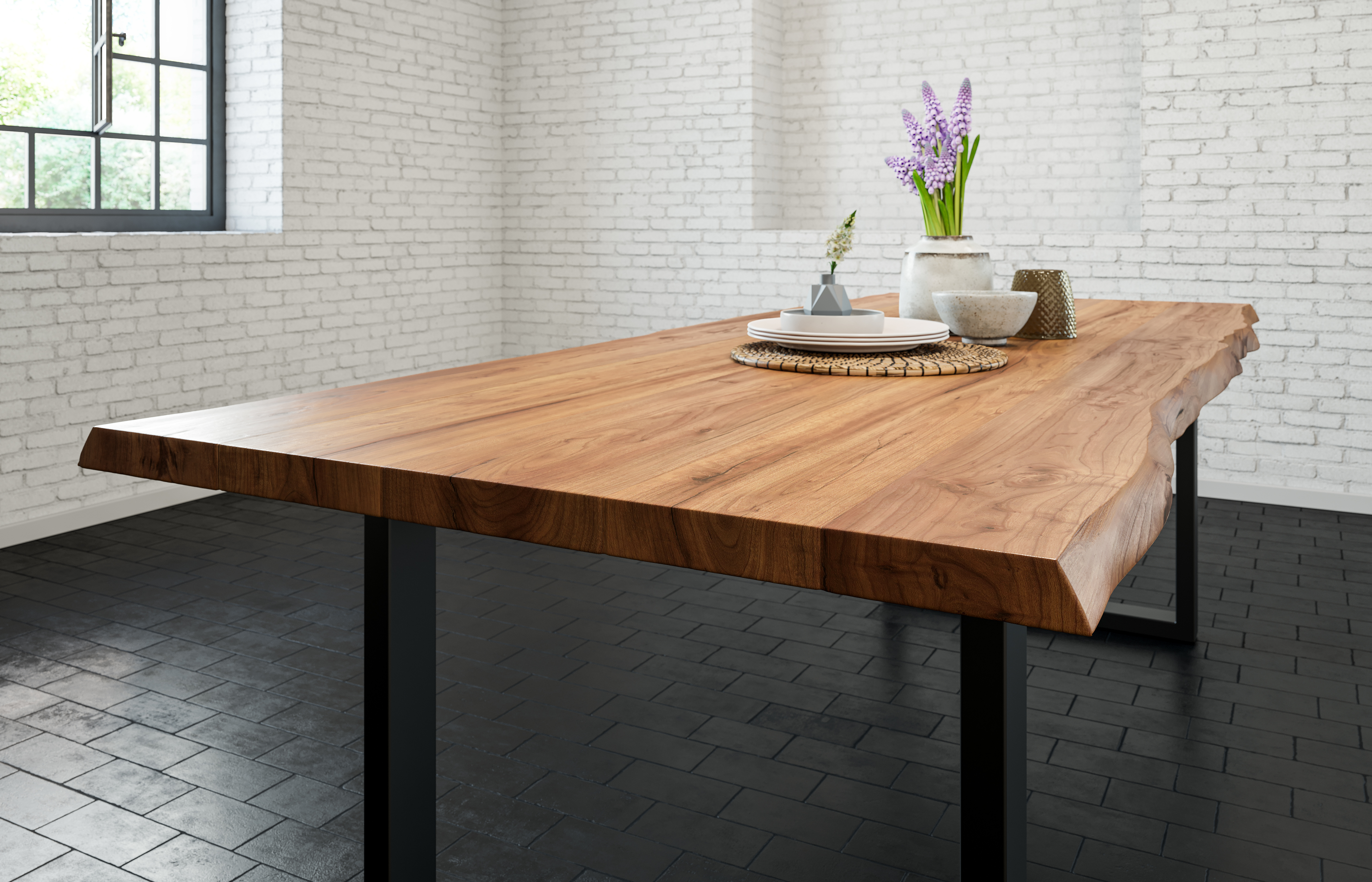  Esstisch Baumkante massiv Akazie natur 160 x 85 schwarz LIAM