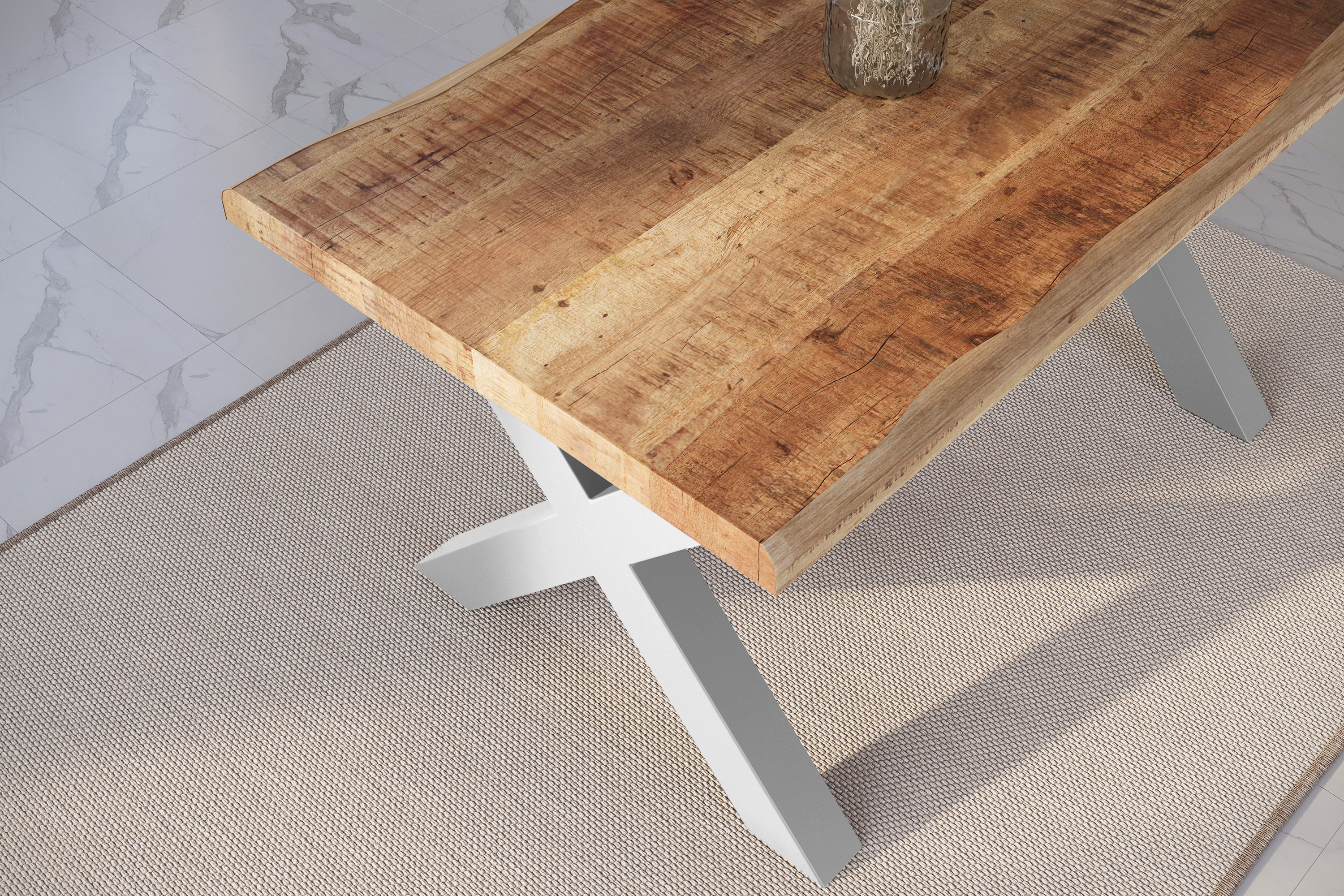 Esstisch Baumkante massiv Mango rough 160 x 85 X-Gestell silber ATLAS