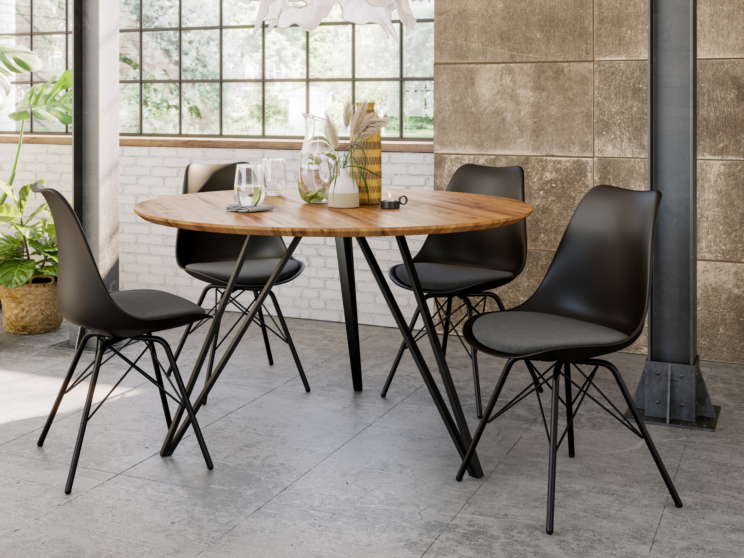 Runder Esszimmertisch Akazie natur Schweizer Kante 120 cm Metallfuß INSA