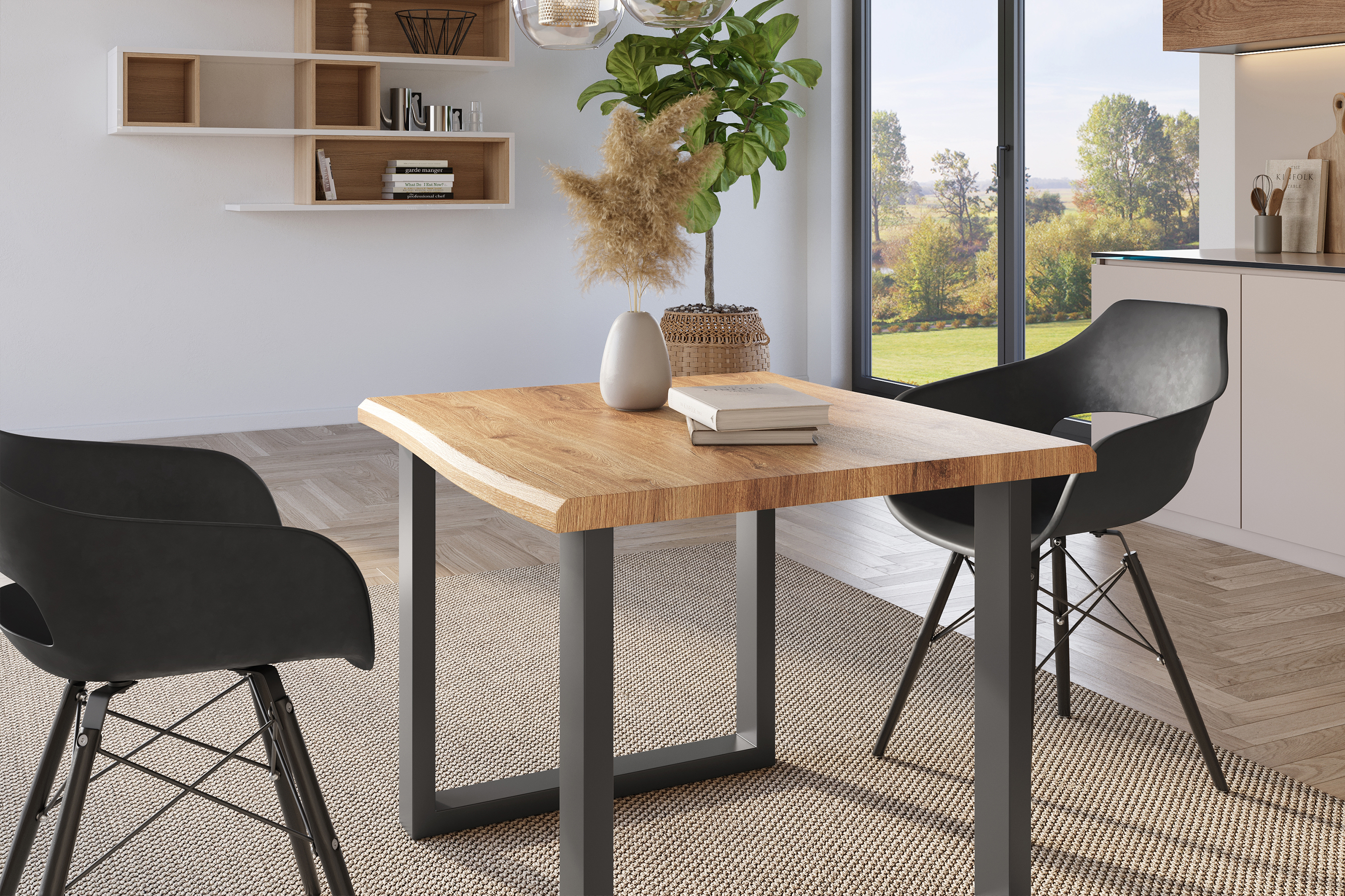 Esstisch Baumkante Holz-Optik Wildeiche 80 x 80 U-Gestell schwarz JULIUS