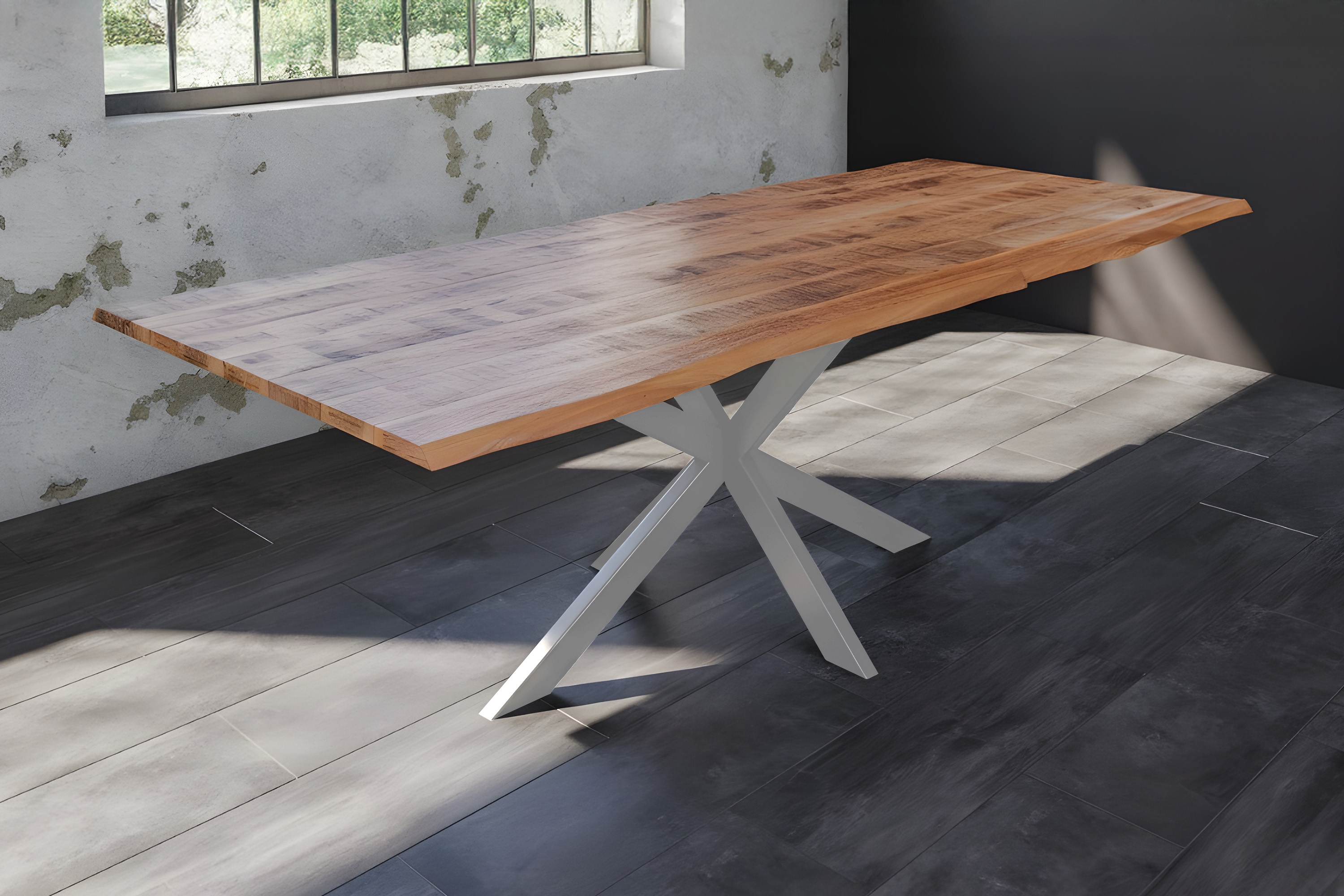 Esstisch Baumkante Massiv Mango naturfarben 280 x 100 silber Spider-Gestell DORA