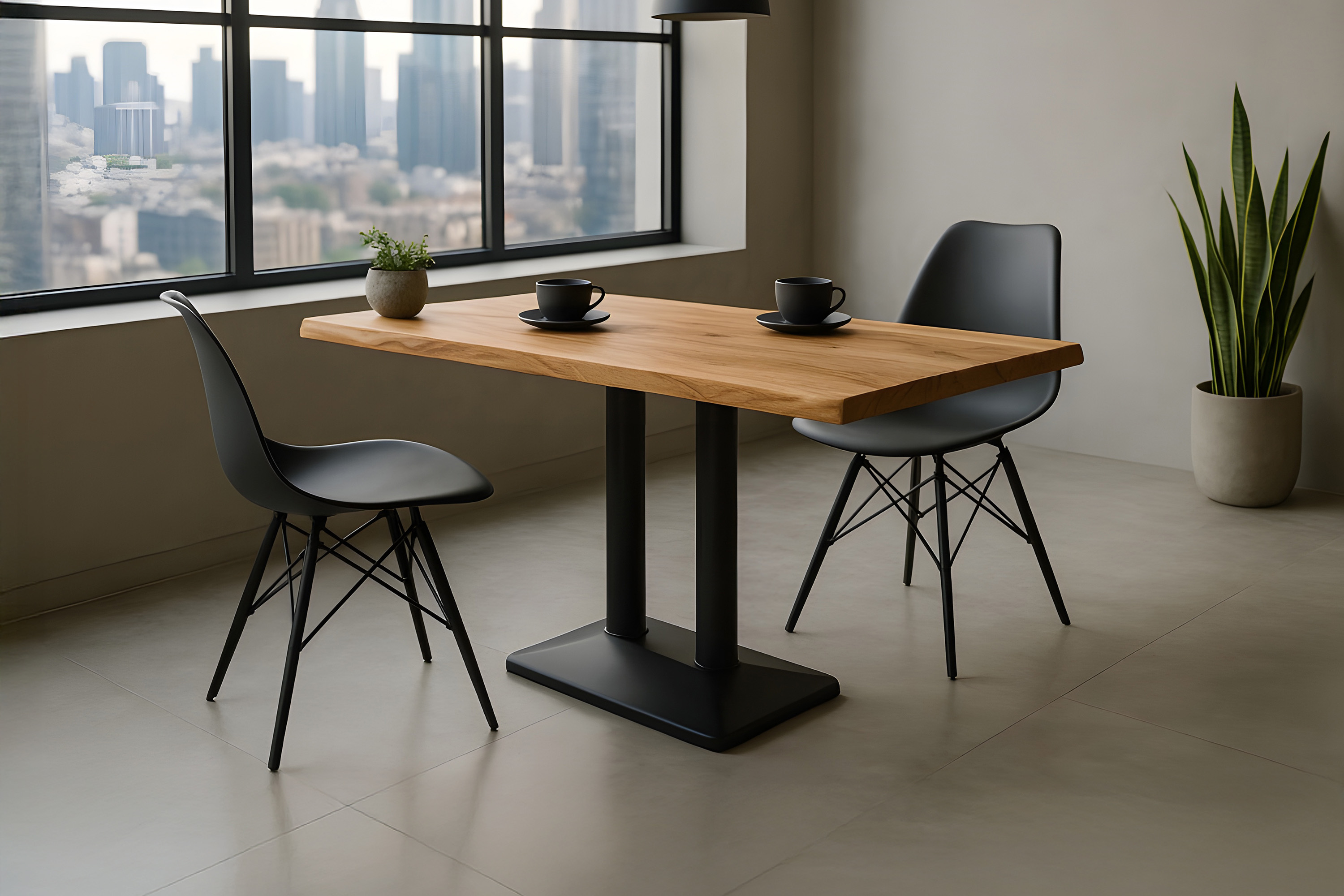 Bistrotisch Baumkante massiv 120 x 70 cm Akazie naturfarben Doppelsäulengestell schwarz ISLA