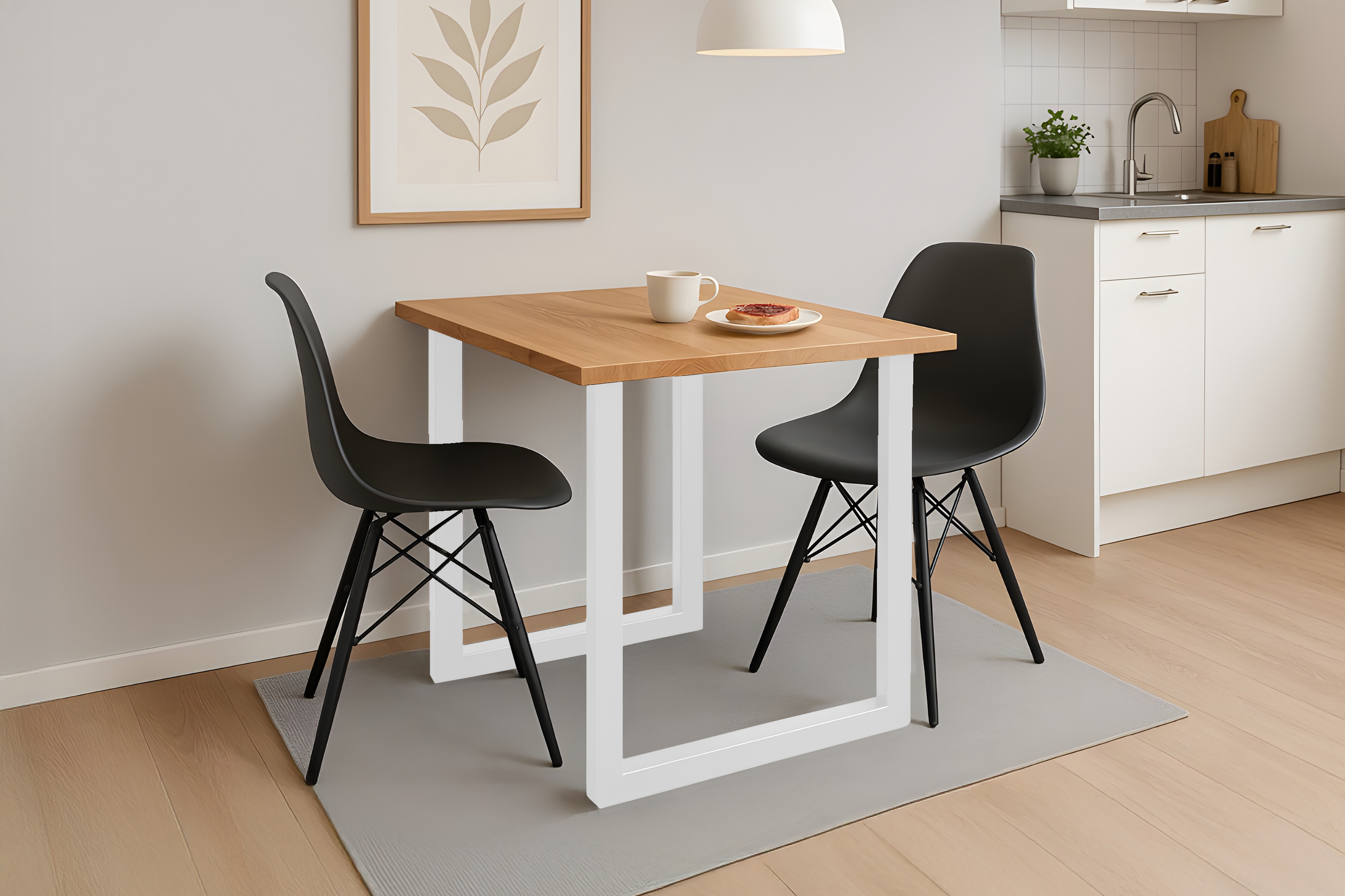 Esstisch Baumkante massiv Eiche geölt 80 x 80 cm U-Gestell weiß  SALVADOR