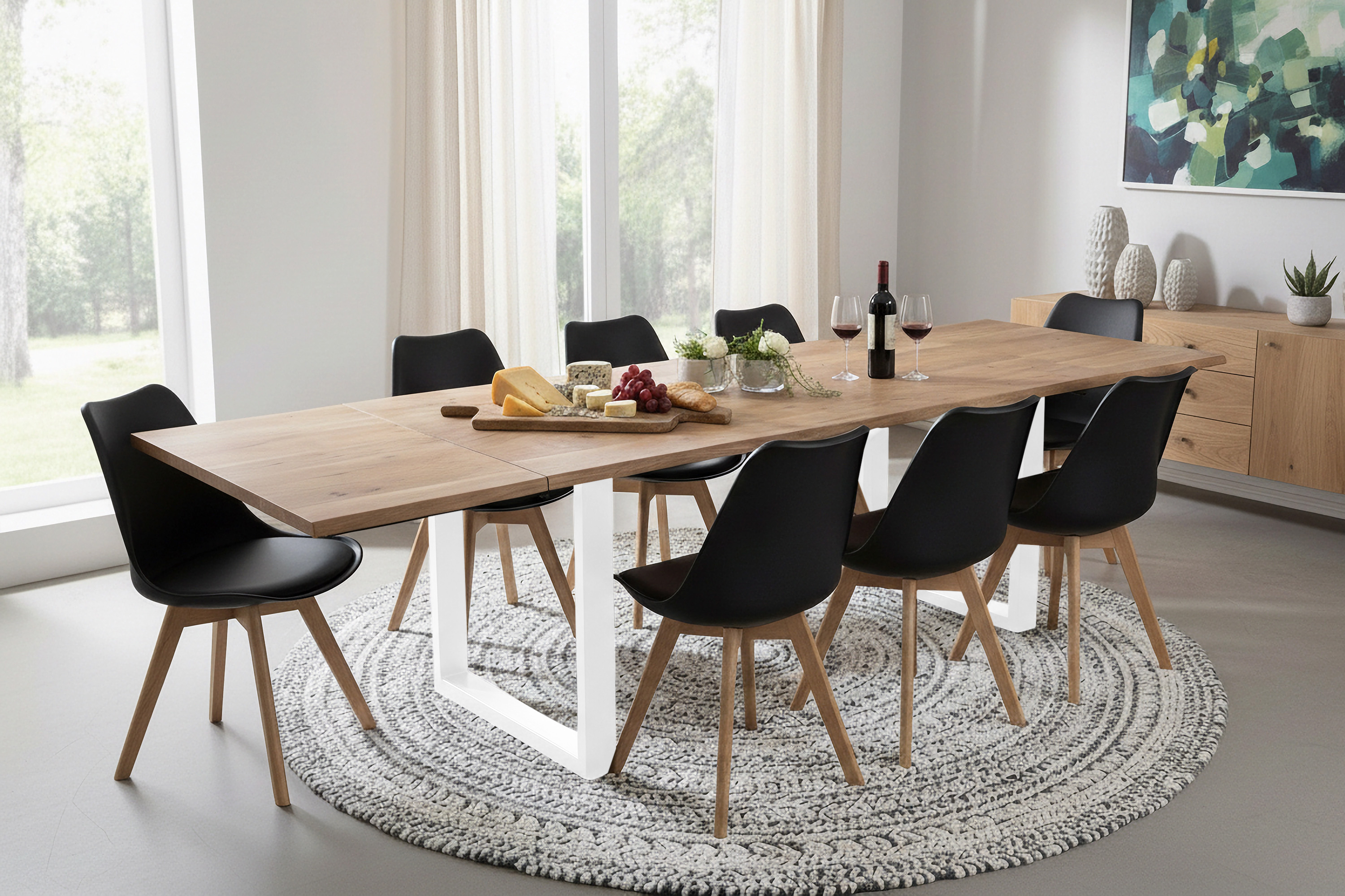 Esstisch Baumkante Akazie natur 180(280)x90 Ansteckplatten U-Gestell weiß AVINO