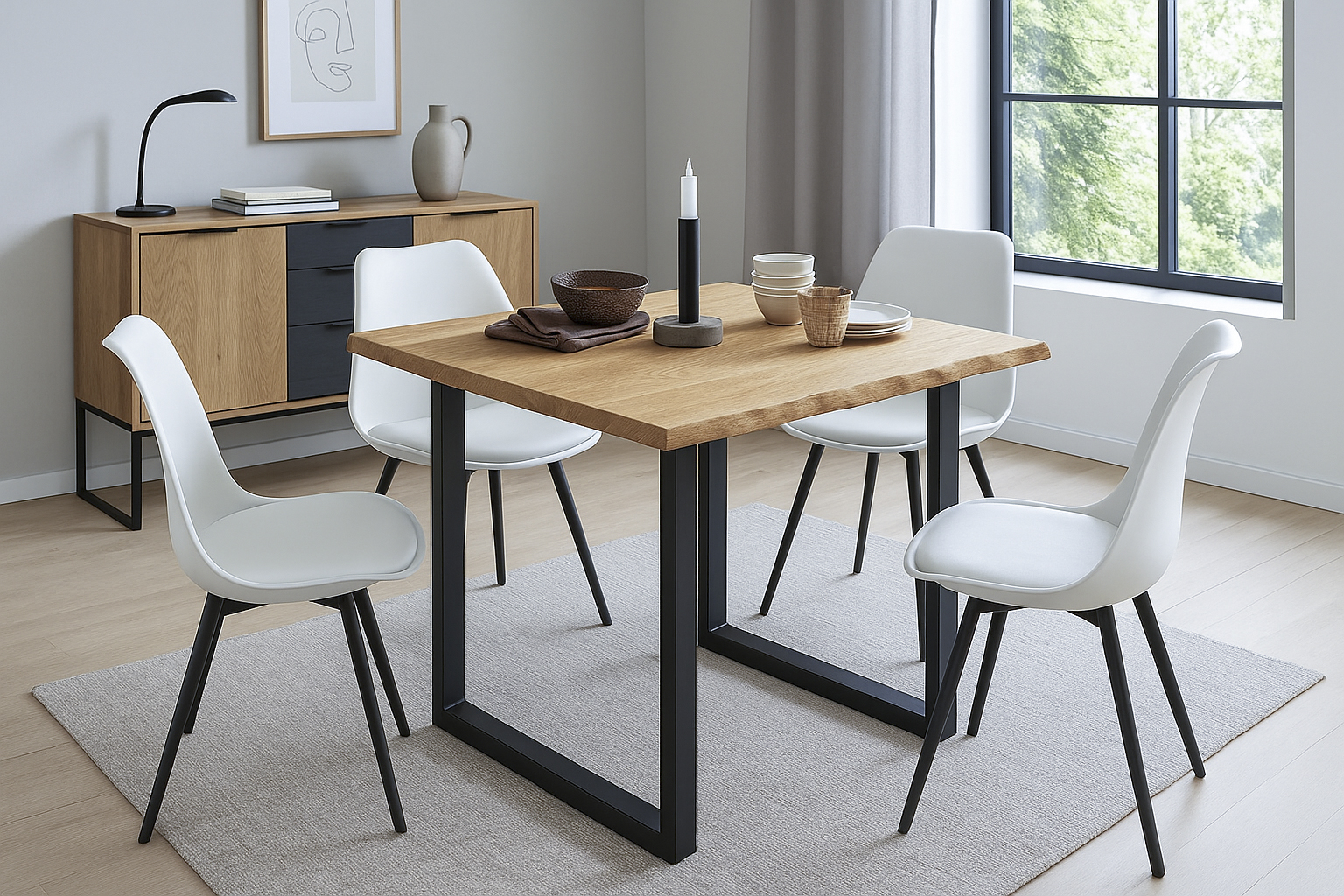 Esstisch Baumkante massiv Eiche geölt 80 x 80 cm U-Gestell schwarz SALVADOR