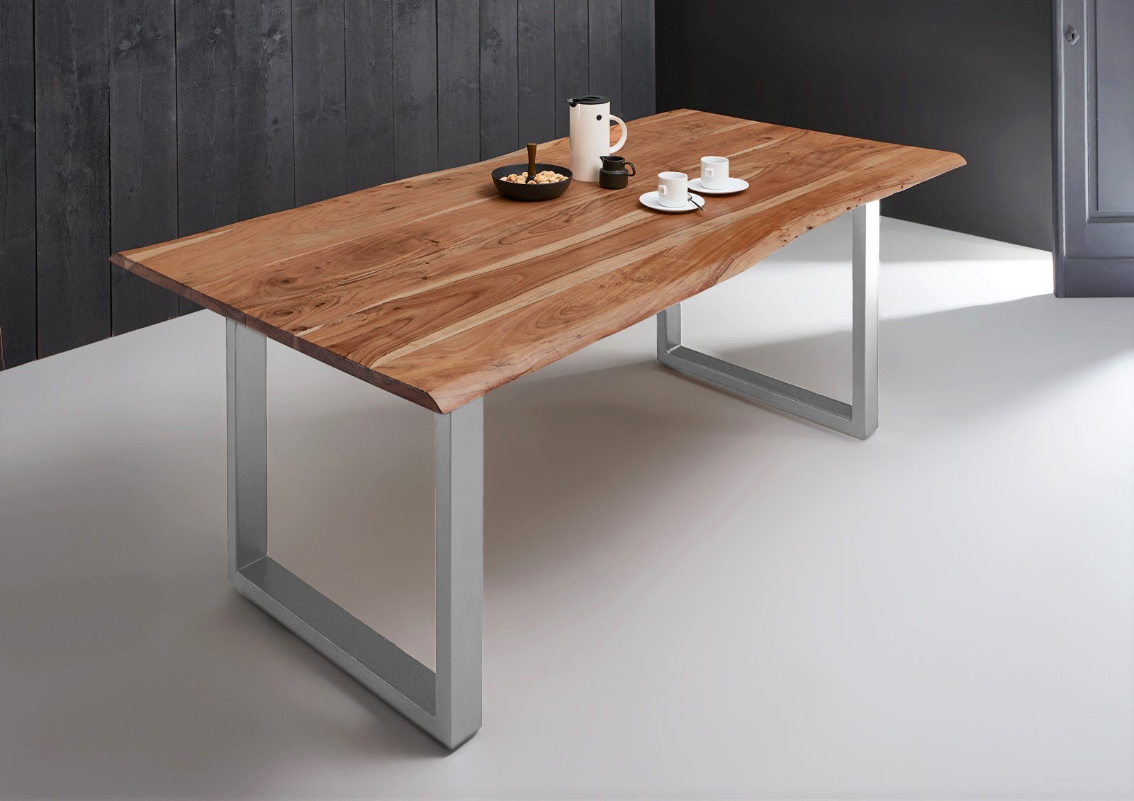  Esstisch Baumkante massiv Akazie natur 120 x 80 silber MILO
