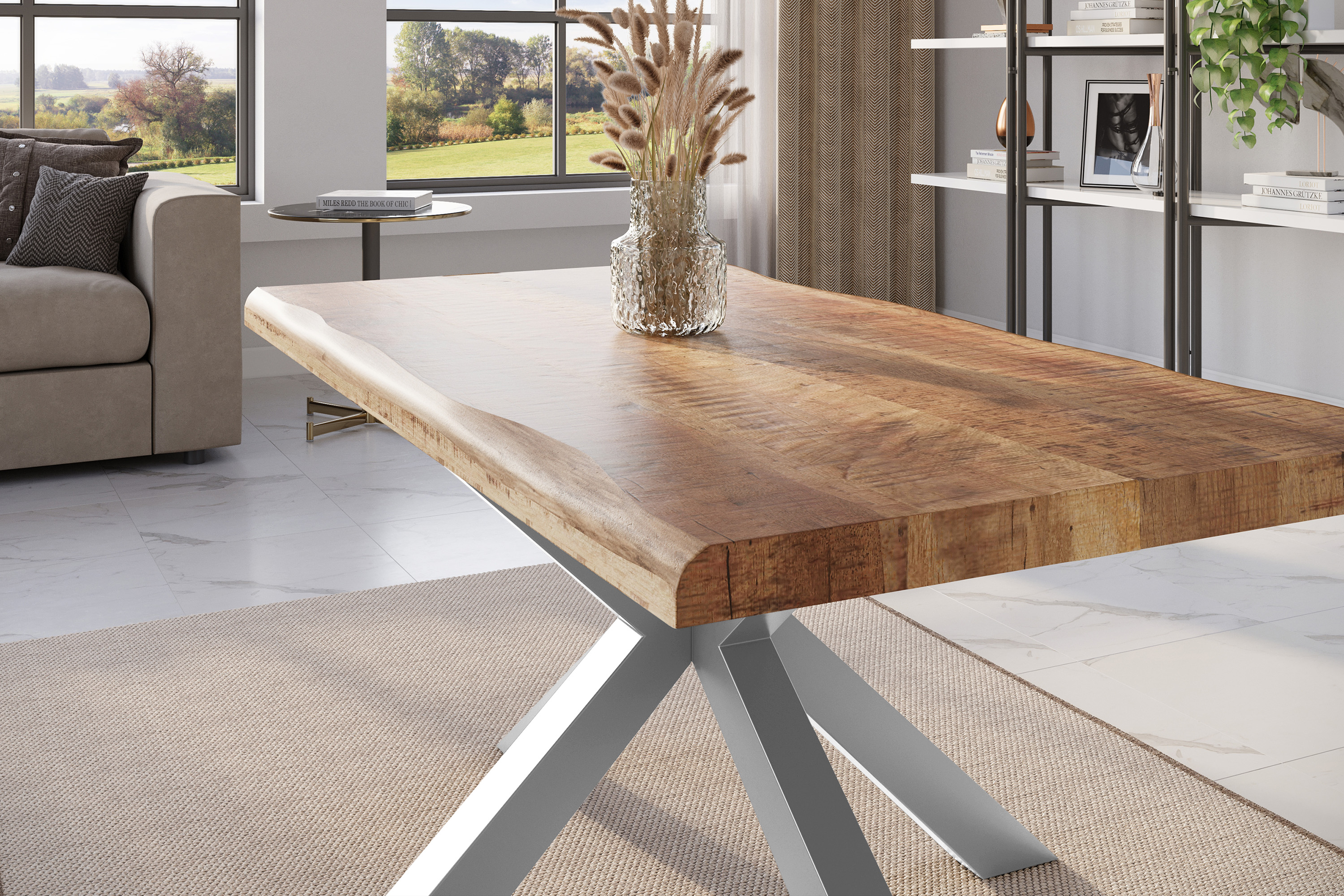 Esstisch Baumkante massiv Mango rough 120 x 80 Spider-Gestell silber ATLAS