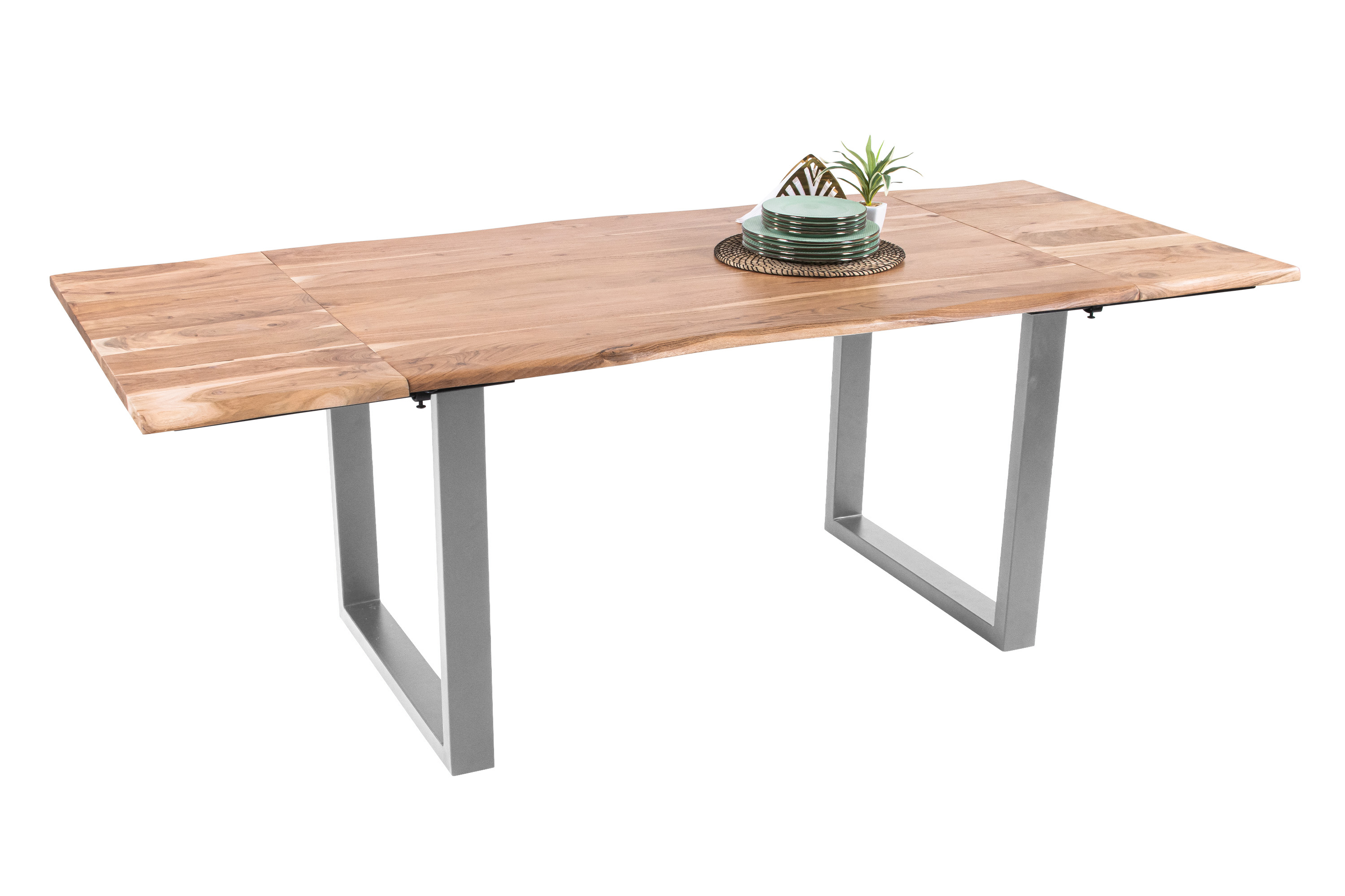 Esstisch Baumkante Akazie natur 140(220)x90 Ansteckplatten U-Gestell silber AVINO