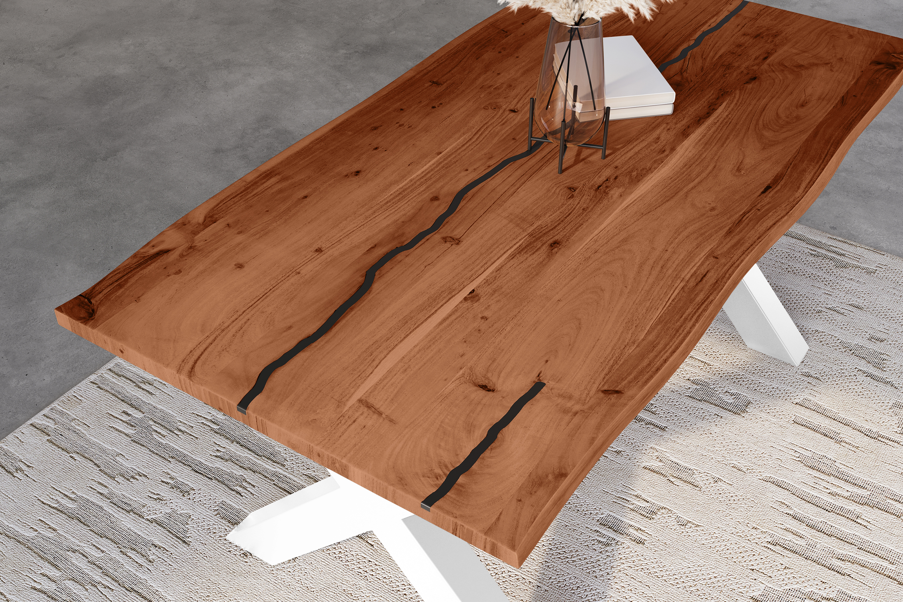 Baumkantentisch Akazie mit schwarzen Resin-Adern nussbaumfarben 140 x 80 cm X-Gestell weiß POLLY