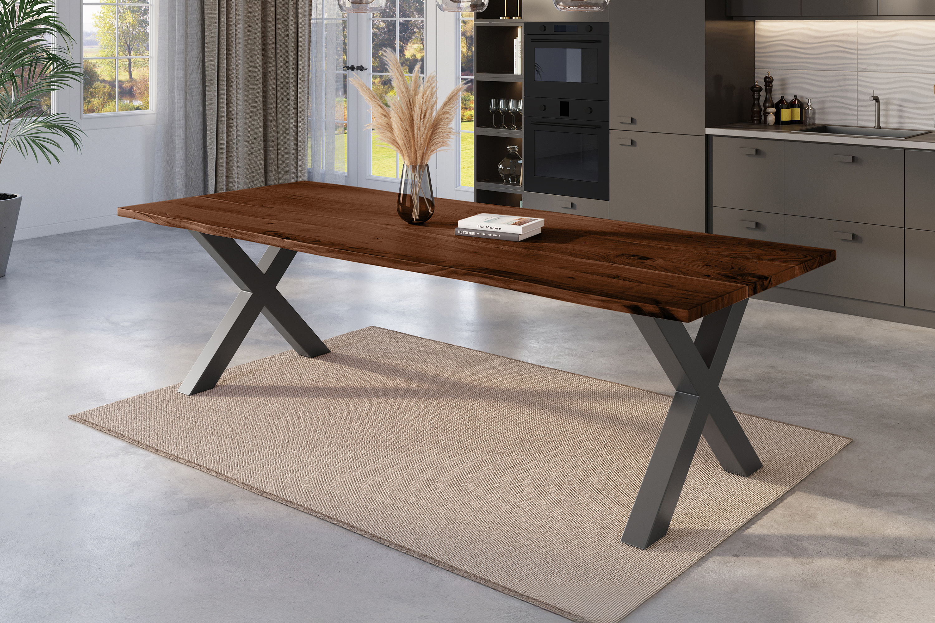 Esstisch Baumkante massiv Akazie nussbaum 280 x 100 schwarz X-Gestell NICK