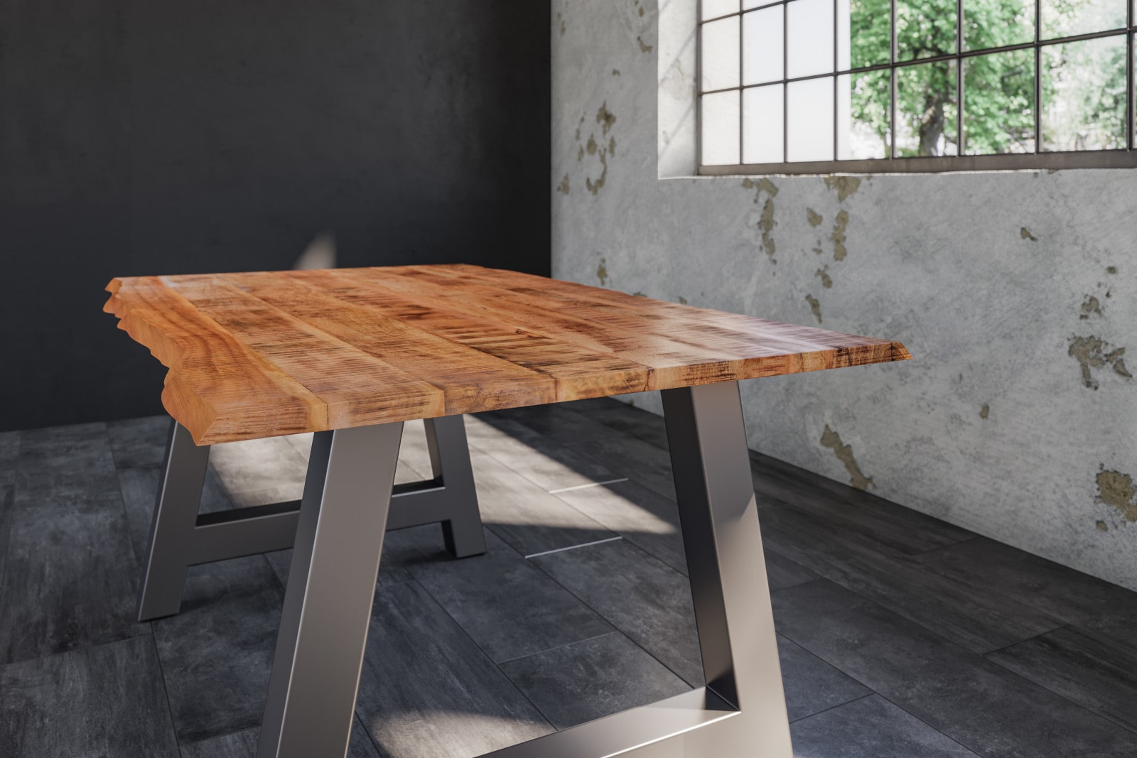 Essgruppe 140 cm Mango naturfarben A-Gestell silber mit 6 Stühlen DORA