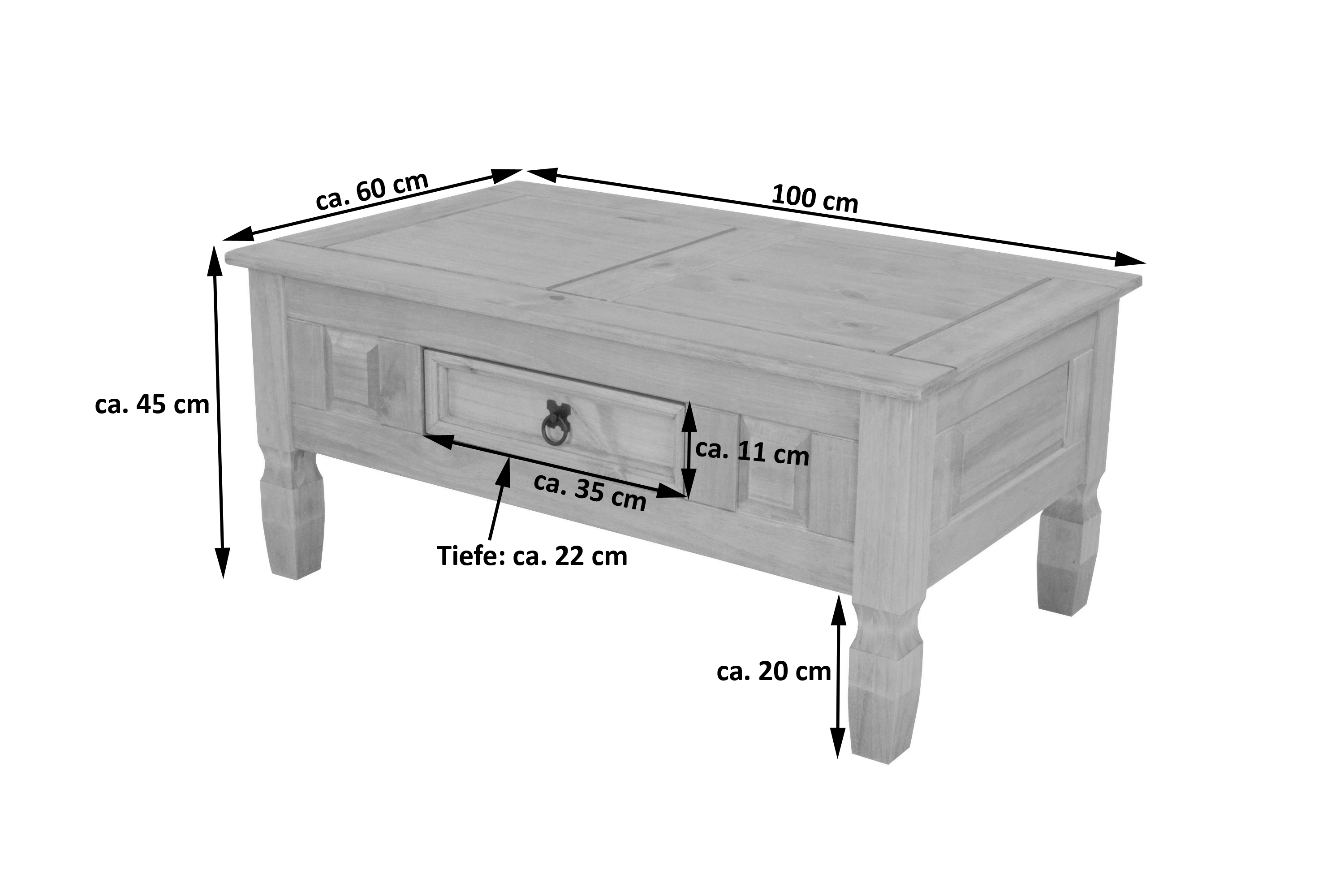 Couchtisch 100 x 60 cm mit Schublade massiv Kiefer natur MEXICO