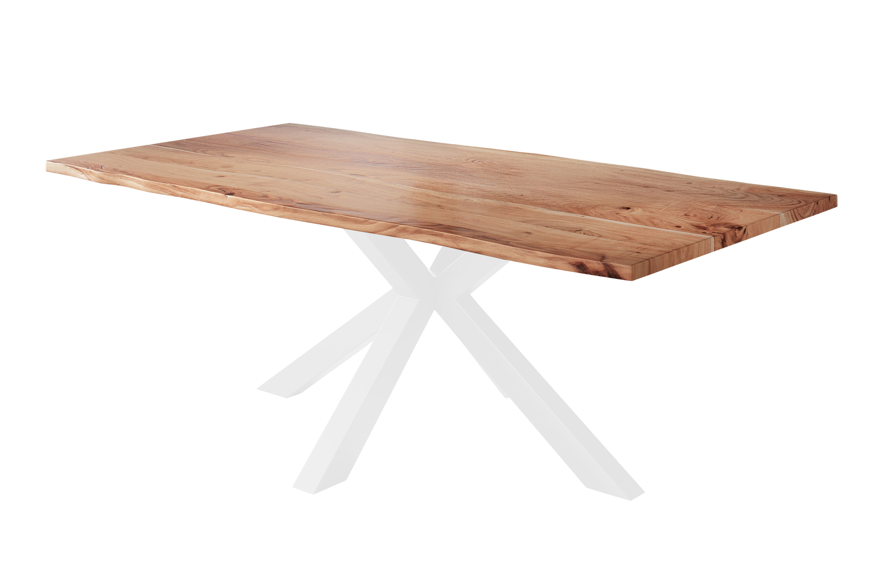 Esstisch Baumkante massiv Akazie natur 180 x 90 cm Spider-Gestell weiß Kalea