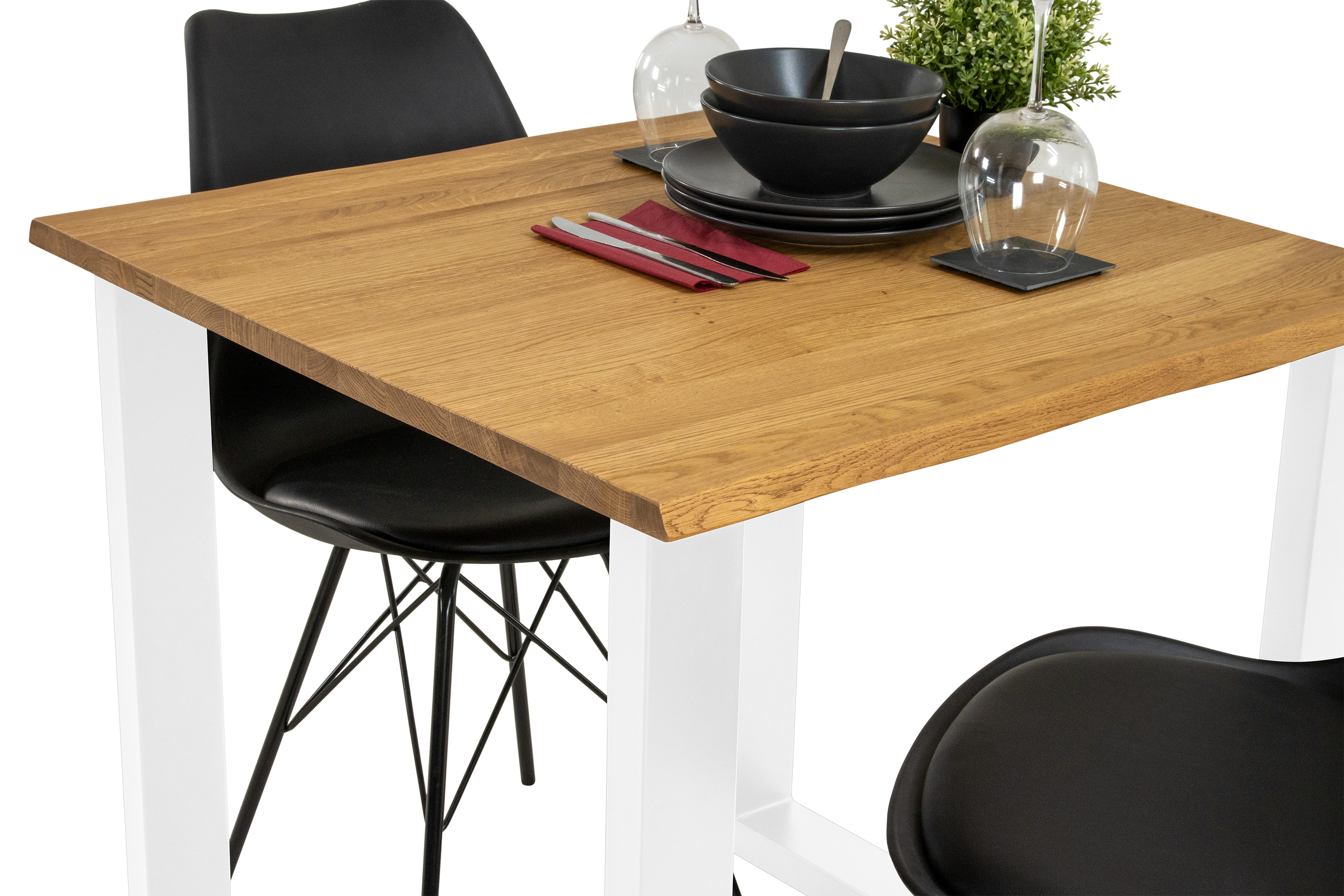Esstisch Baumkante massiv Eiche geölt 90 x 90 cm U-Gestell weiß SALVADOR