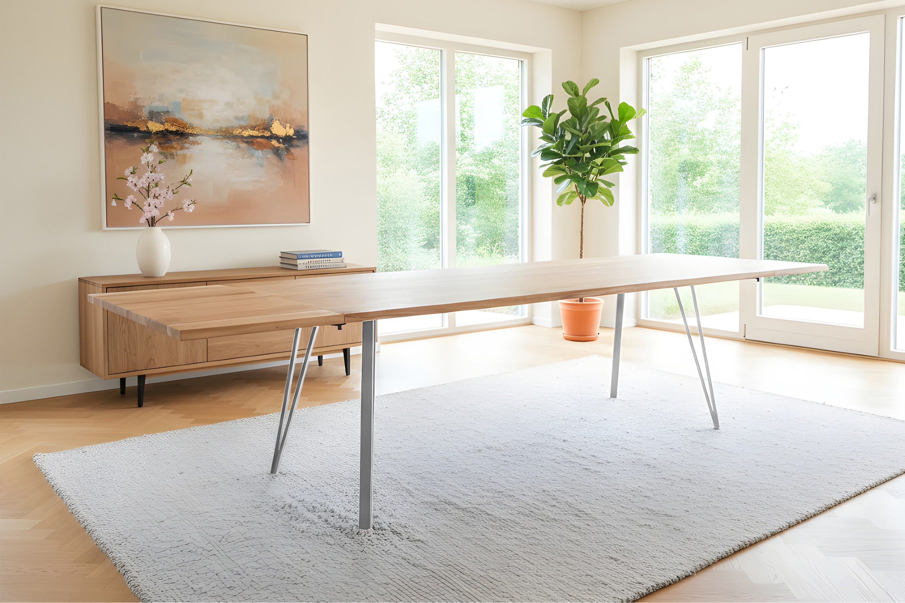 Esstisch Baumkante Akazie natur 220(320)x100 Ansteckplatten Vierfuß-Gestell silber AVINO