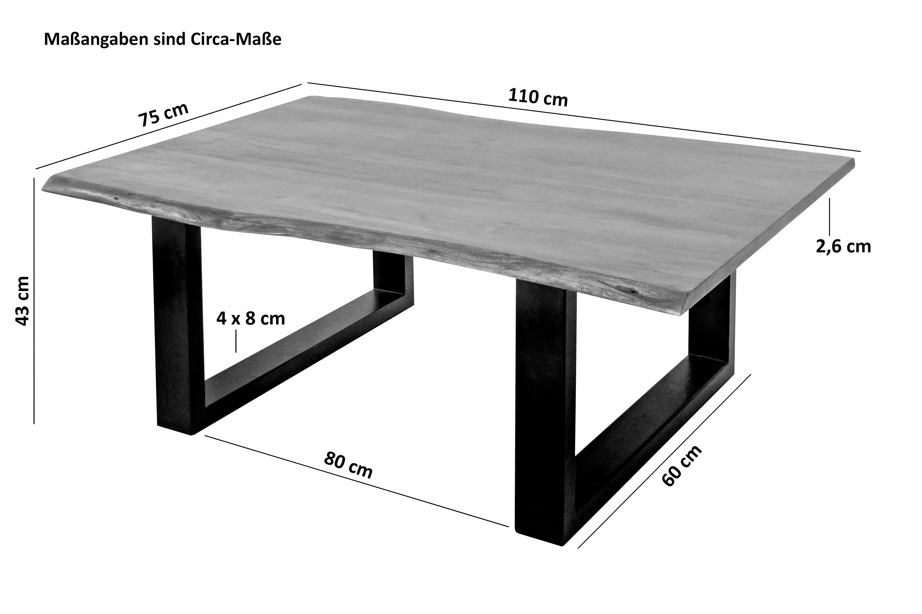 Couchtisch Baumkante massiv Akazie Nussbaum 110 x 75 cm U-Gestell schwarz INSA