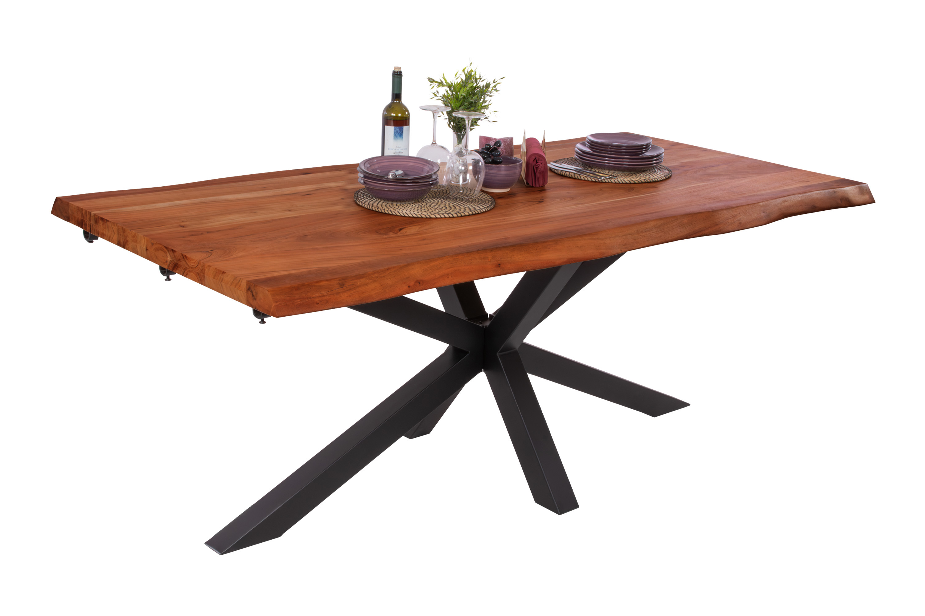 Esstisch Baumkante Akazie nuss 180 (280) x 90 Spider-Gestell schwarz mit Ansteckplatten CALI