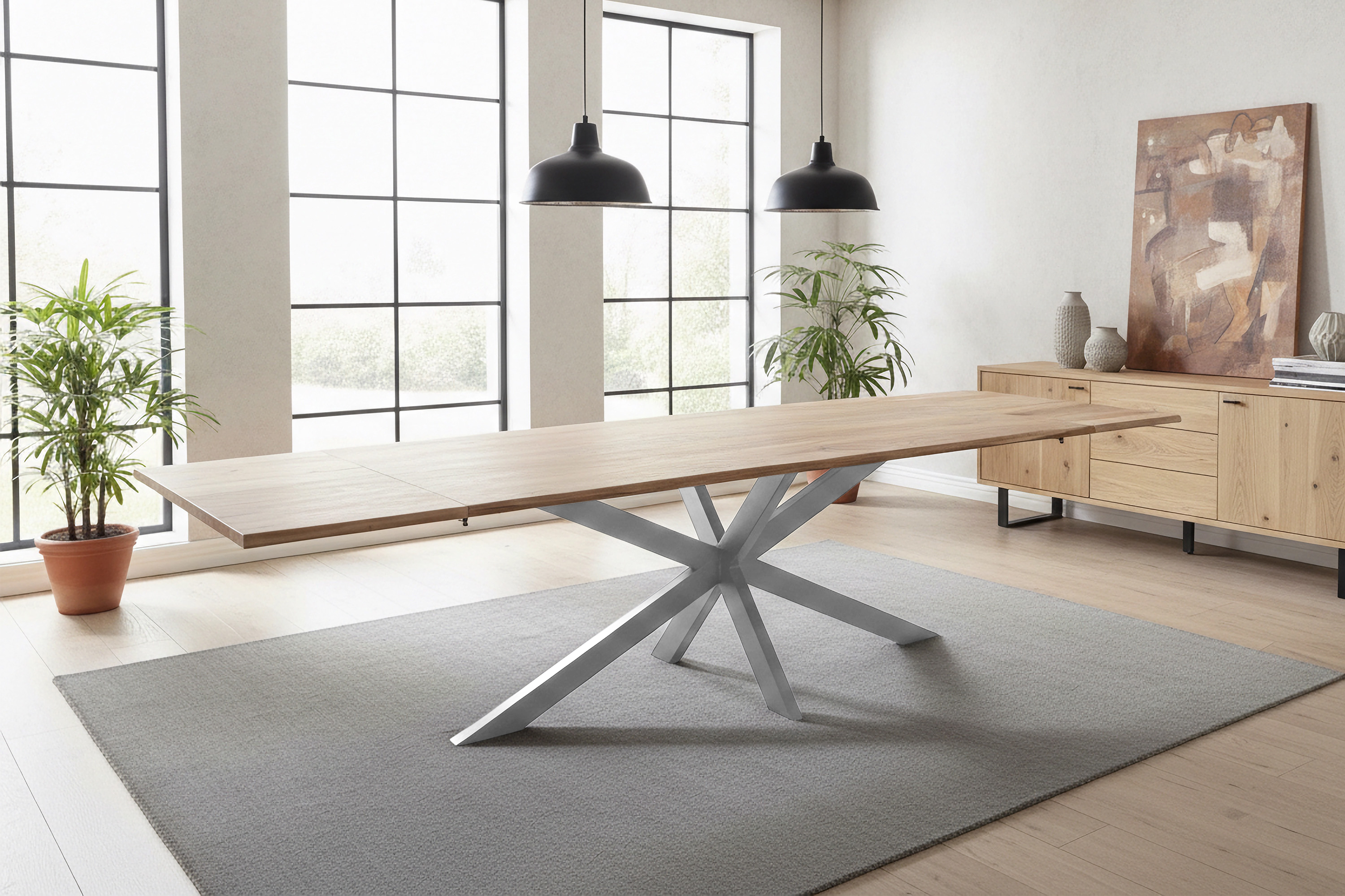 Esstisch Baumkante Akazie natur 200(300)x100 Ansteckplatten Spider-Gestell silber AVINO