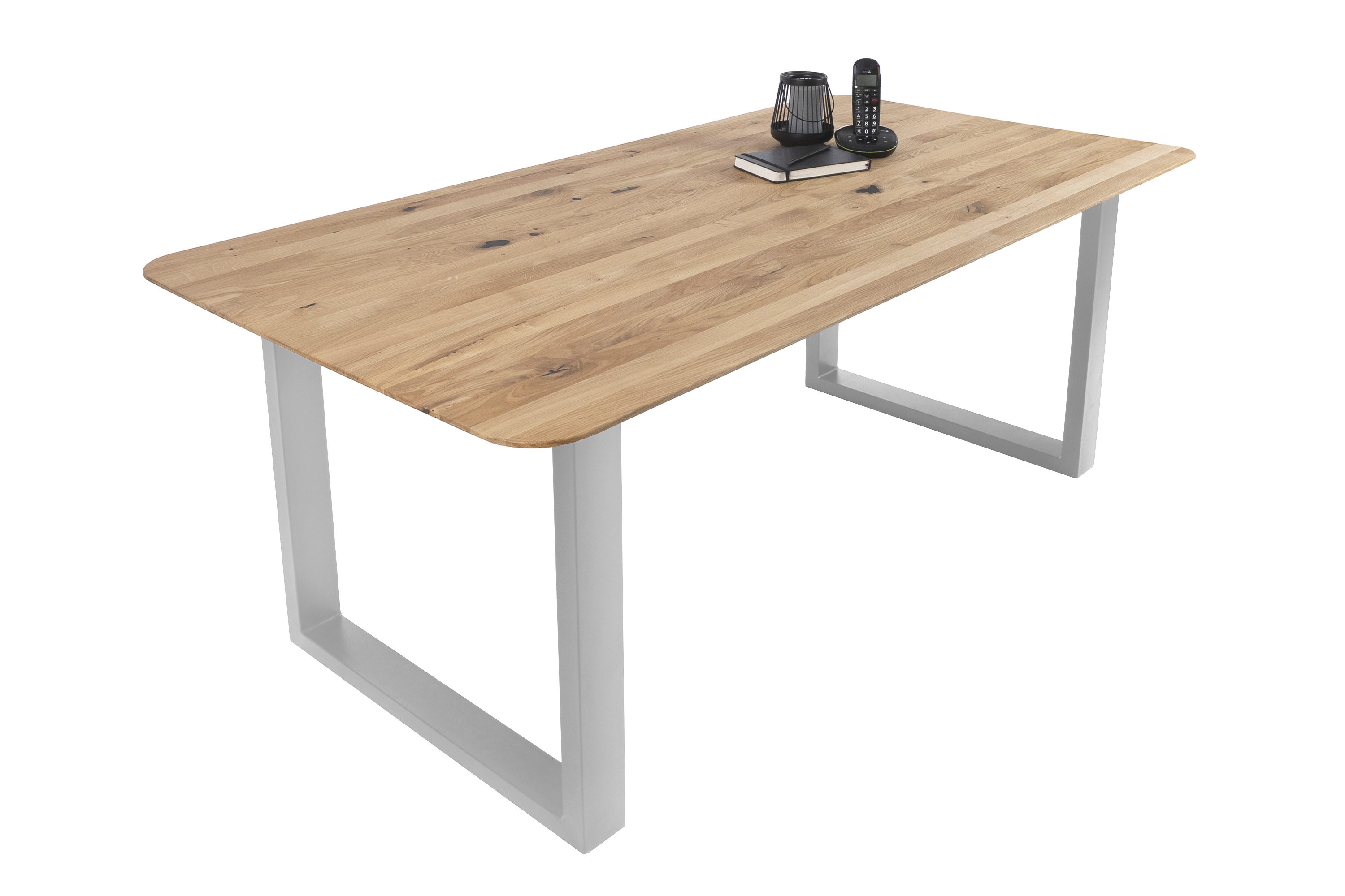 Esszimmertisch Schweizer Kante rund massiv & geölt Eiche 160x85 silber U-Gestell Lotte
