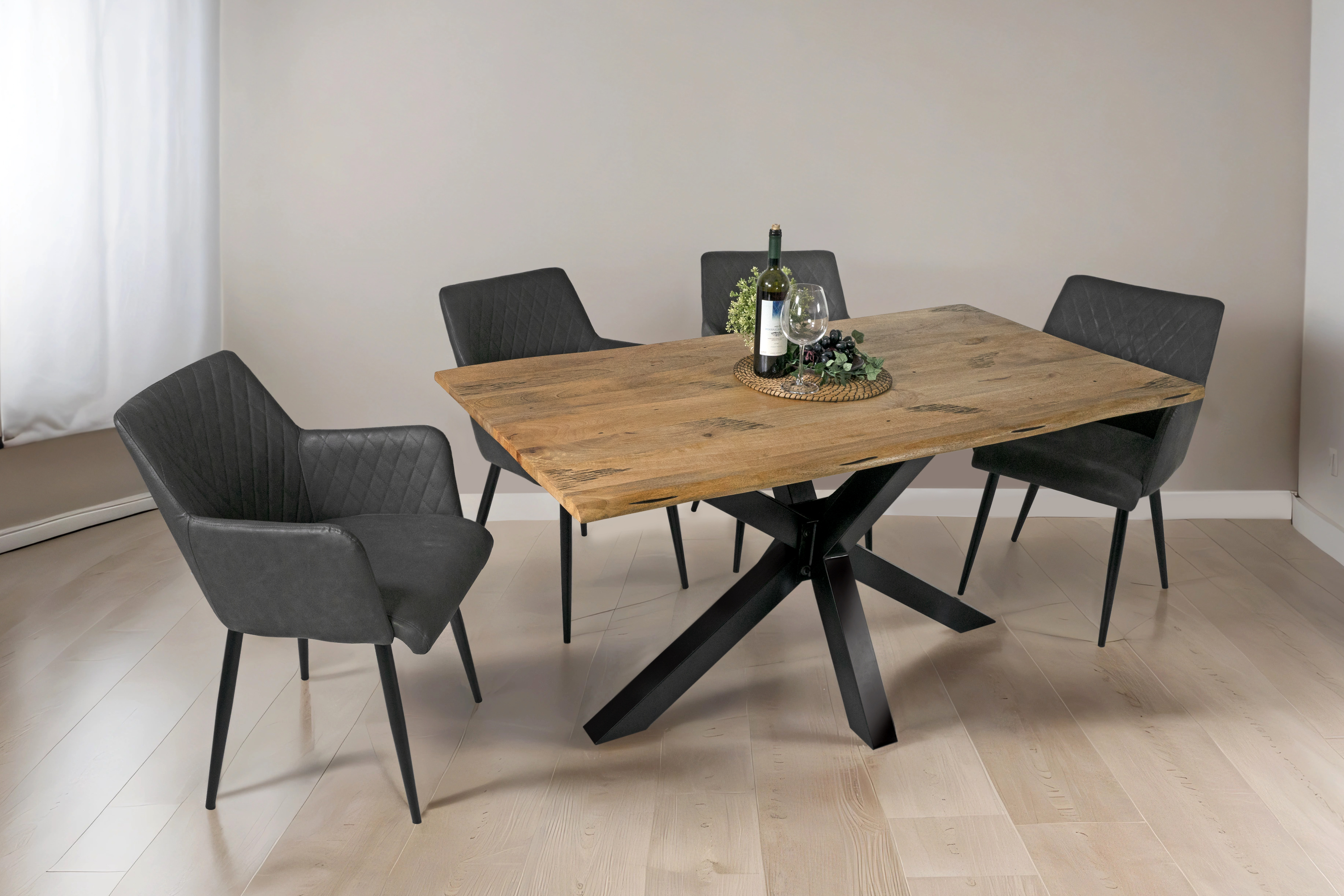 Esstisch Baumkante Massiv Mango naturfarben 180 x 90 schwarz Spider-Gestell Tiger
